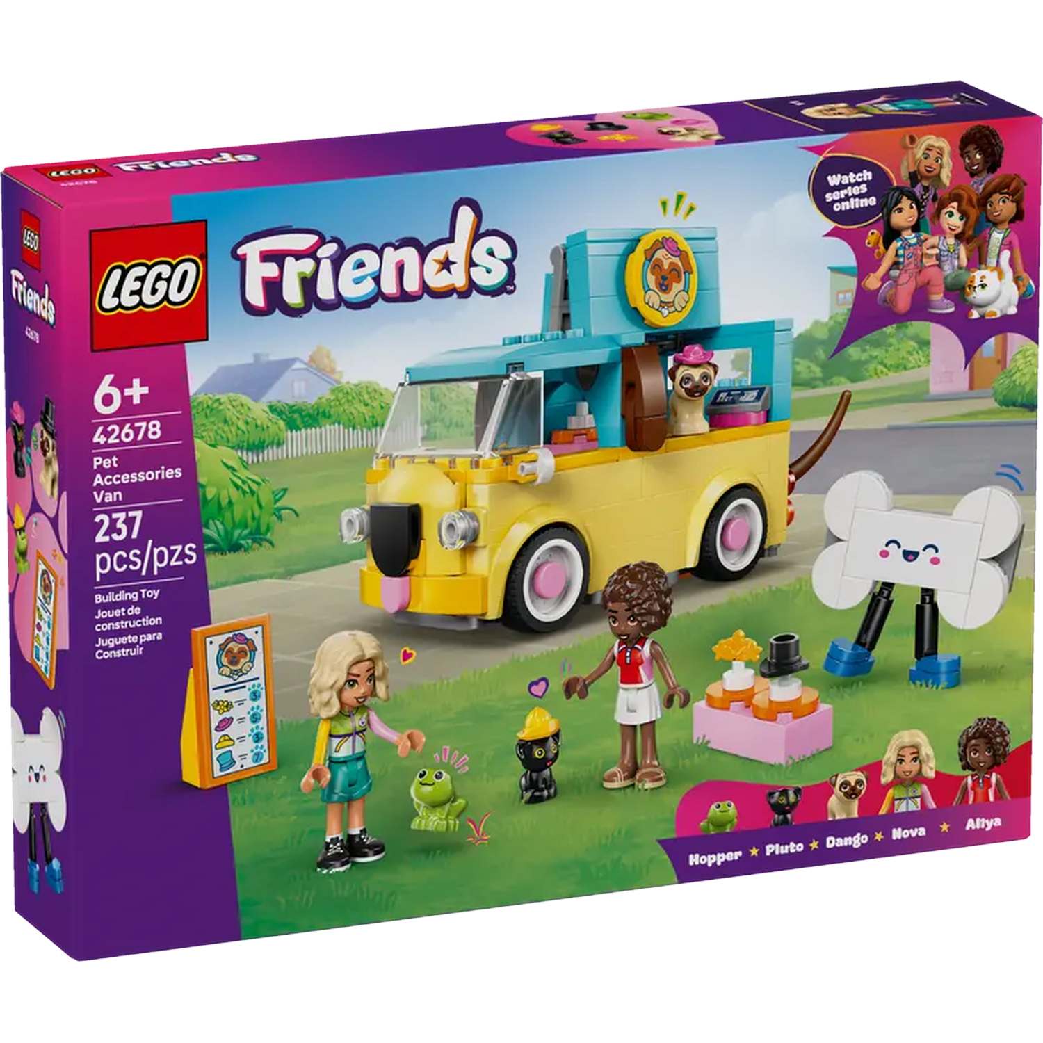 Lego Friends set. A yellow van with pets and figures. Includes accessories and a building toy with 237 pieces.