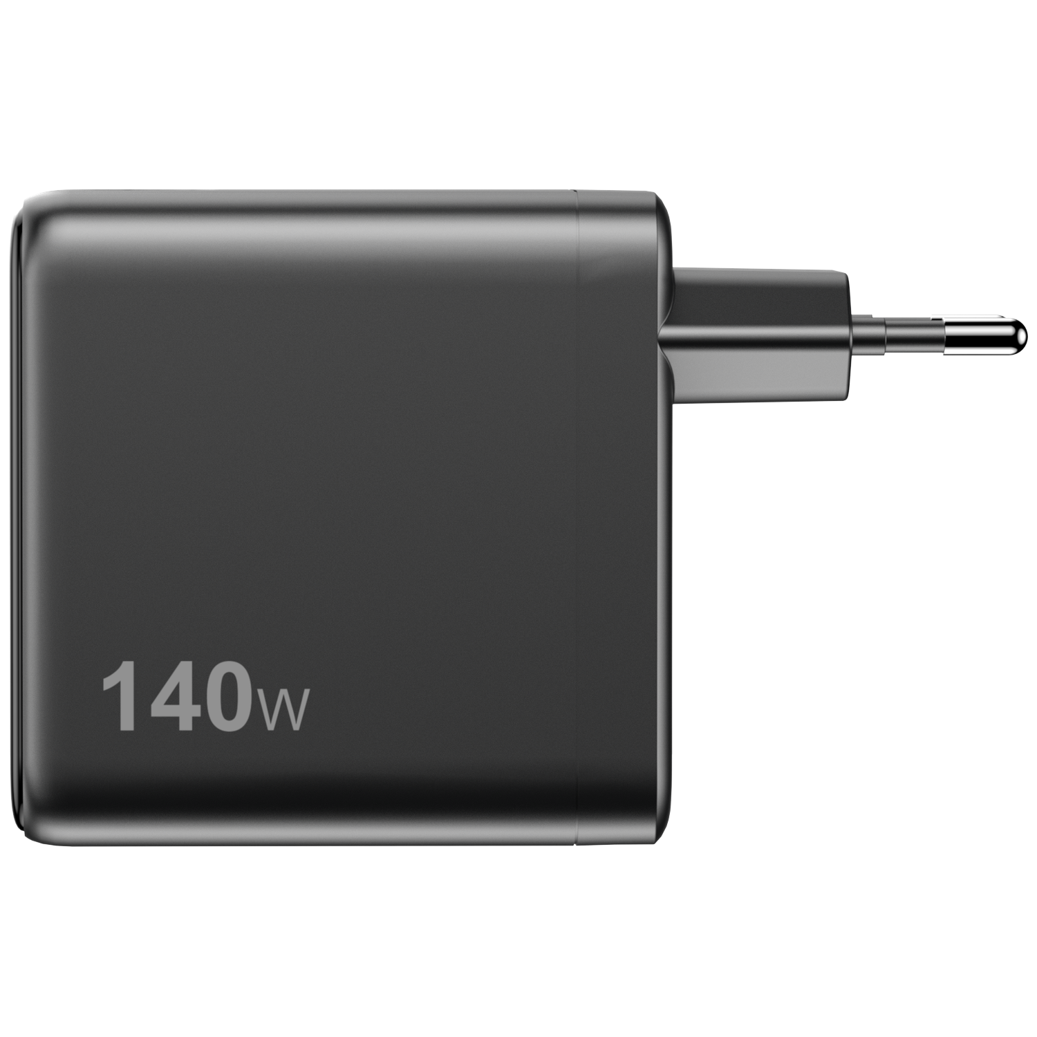 A black 140W power adapter, with a rectangular body and a plug extending to the right.