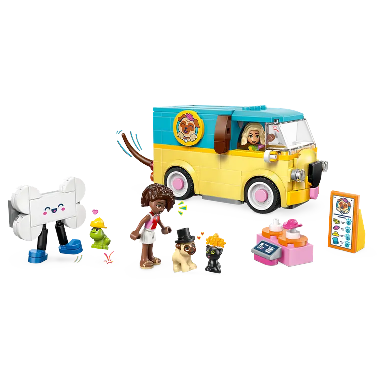 Lego set with van, figures, dogs, and accessories. A woman drives the van. A person and two dogs stand by the van.