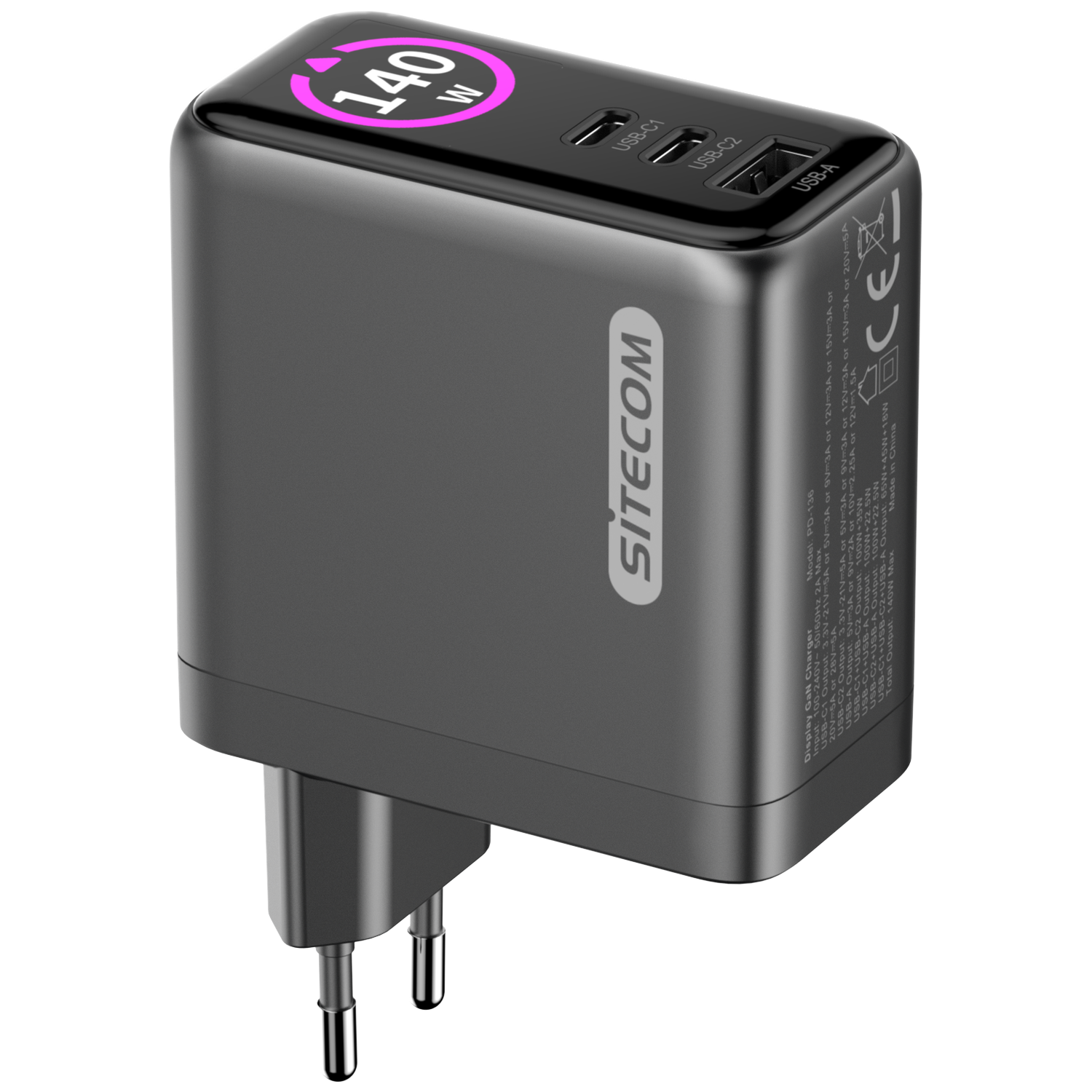 Black Sitecom charger with USB ports and a digital display showing 140W. It has a plug and a CE mark.