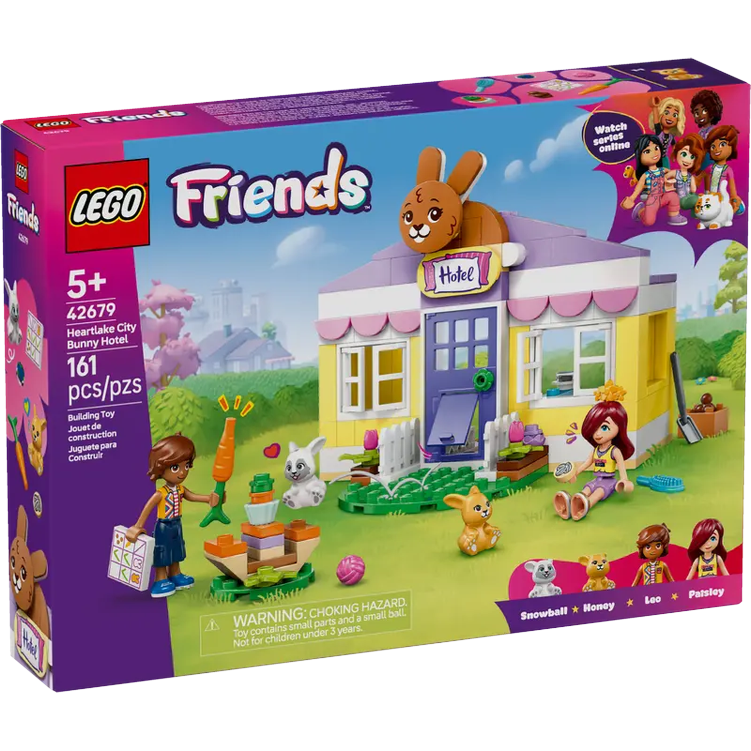 Lego Friends Bunny Hotel set. Includes a hotel building, figures, and accessories. Features a bunny on top and several characters.