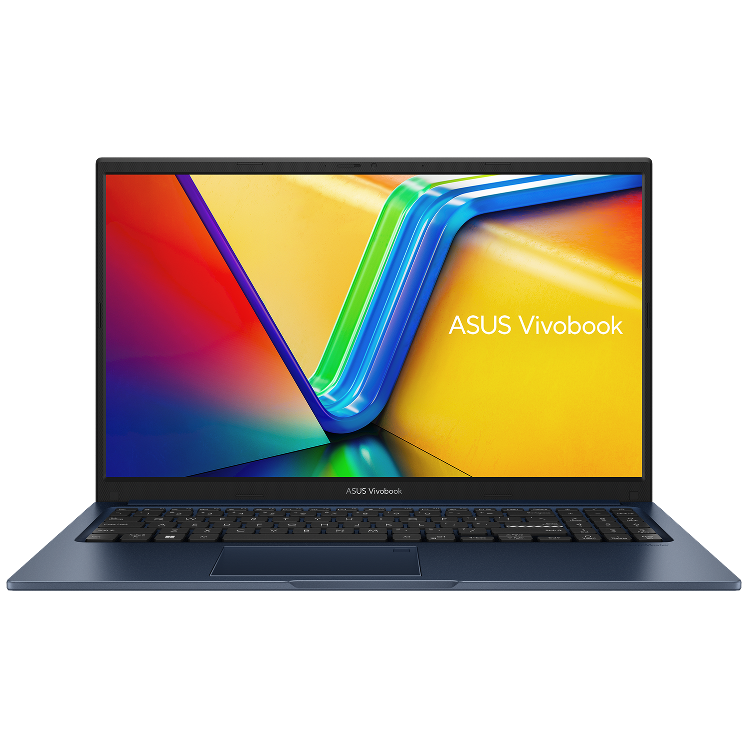 Blauwe Asus Vivobook laptop op witte achtergrond. Scherm toont kleurrijk abstract ontwerp. Toetsenbord zichtbaar, ASUS Vivobook logo.