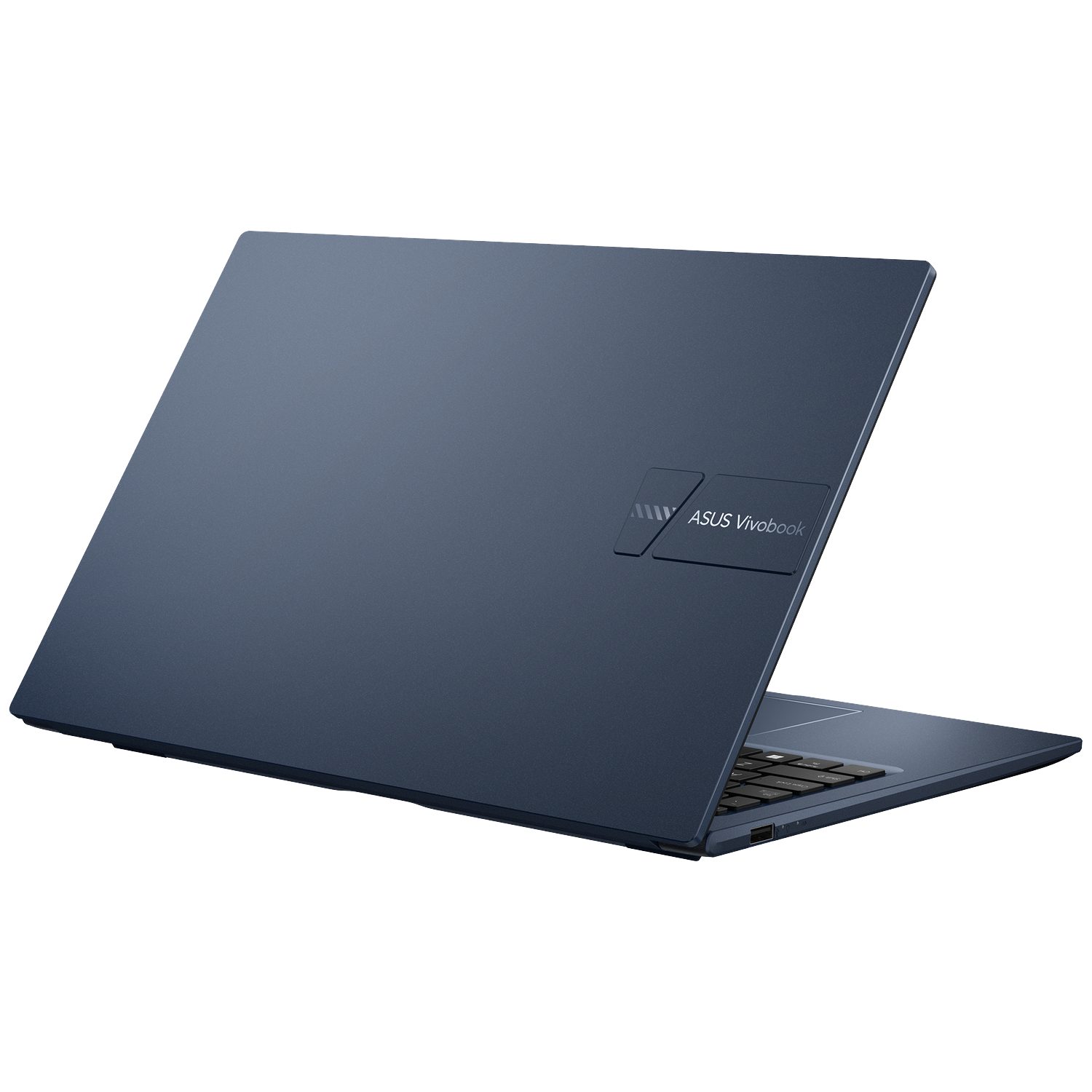 Een blauwe ASUS Vivobook laptop wordt in een hoek getoond. De laptop is open en toont het toetsenbord. De achtergrond is wit.