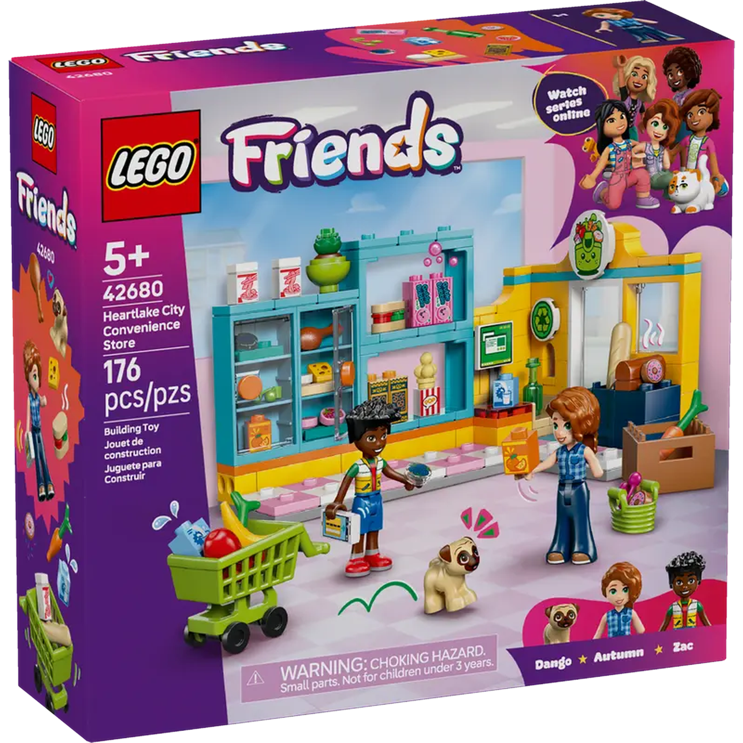 LEGO Friends set box. It shows a Heartlake City convenience store scene with figures, dog and shopping cart.