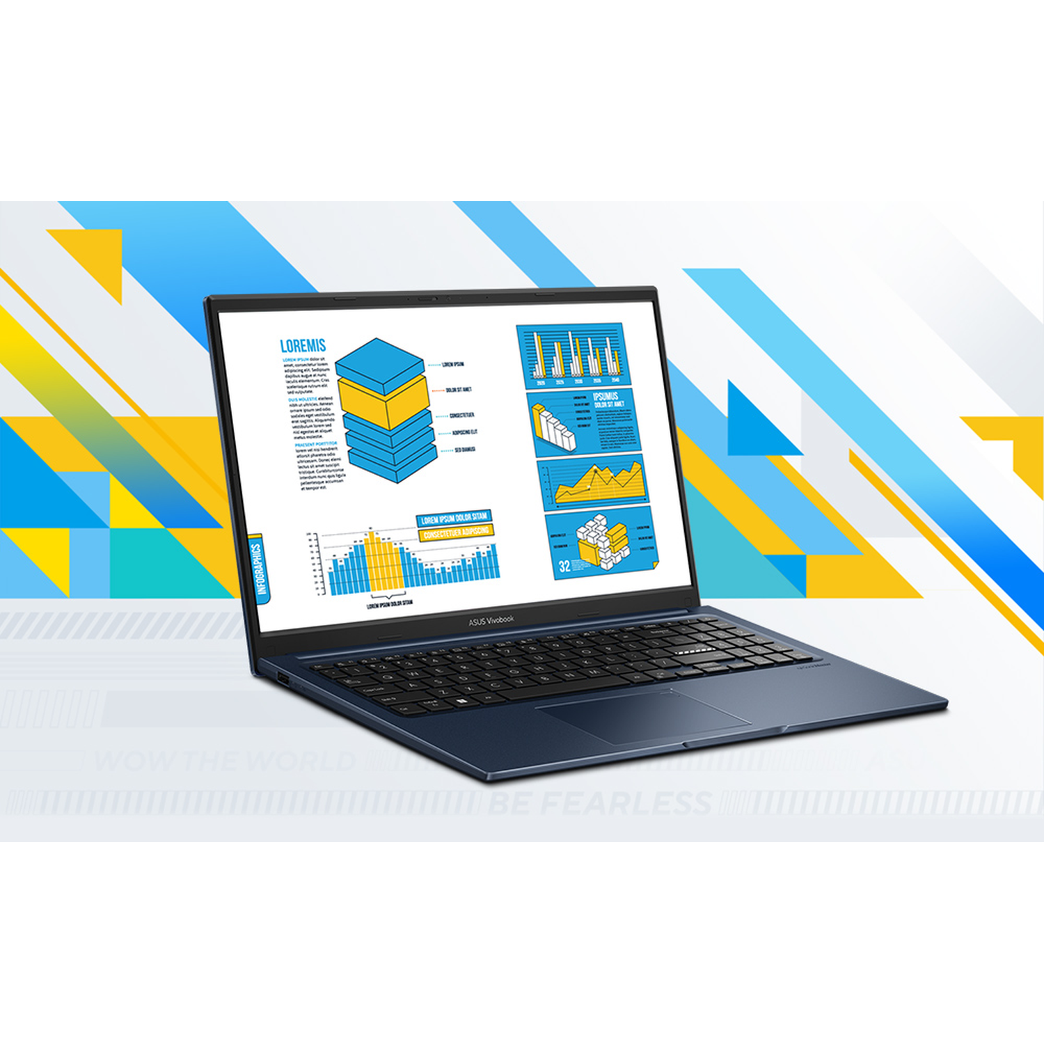 Een donkerblauwe laptop toont infographics. Het scherm toont grafieken en tekst. De achtergrond heeft blauwe en gele geometrische vormen.