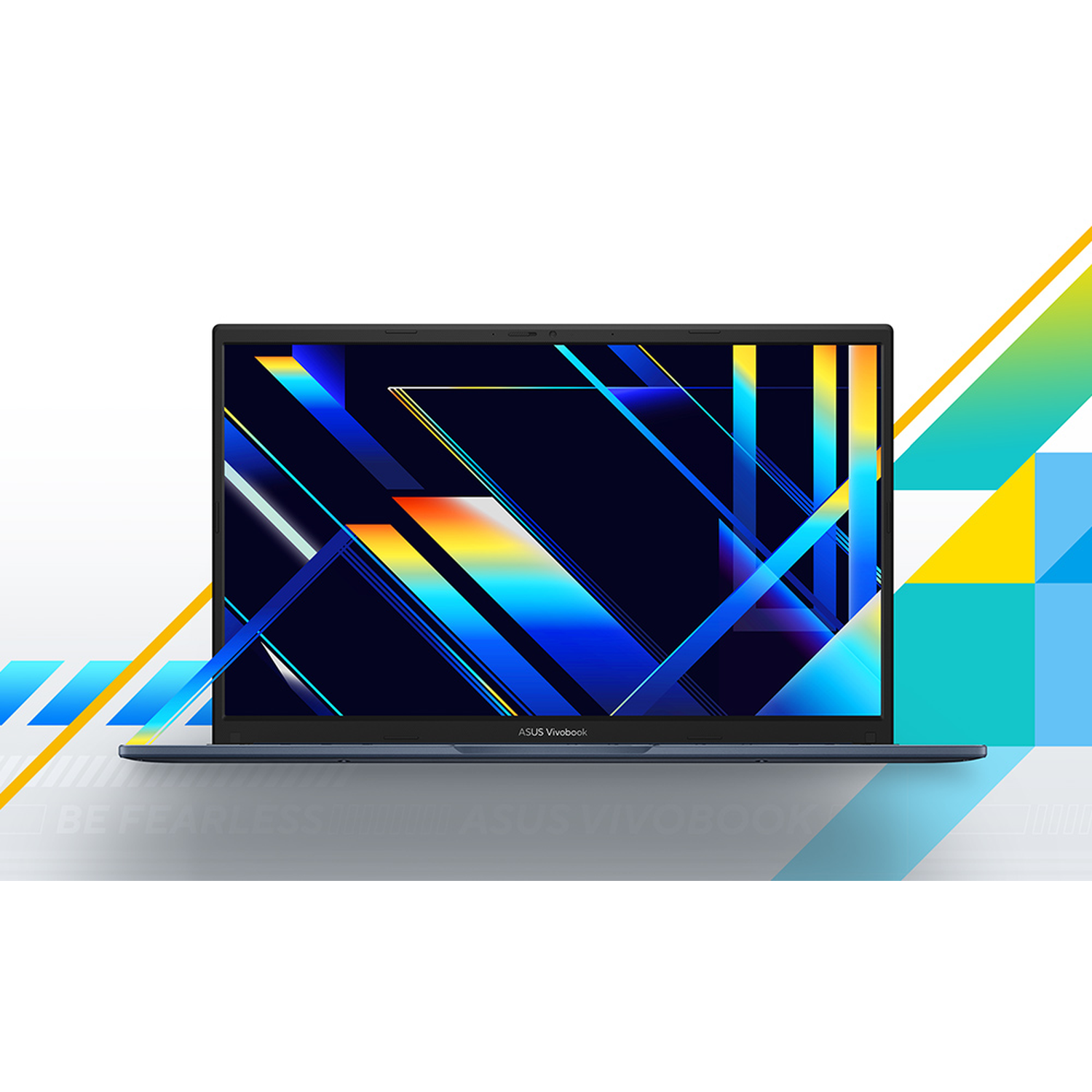 Een ASUS Vivobook laptop wordt weergegeven op een witte achtergrond met abstracte blauwe, gele en groene vormen.