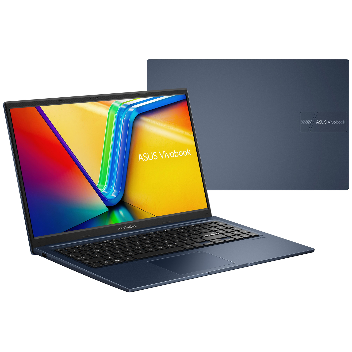 Blauwe ASUS Vivobook laptop op witte achtergrond. Display toont kleurrijke graphics. Een ander laptopdeksel op de achtergrond.