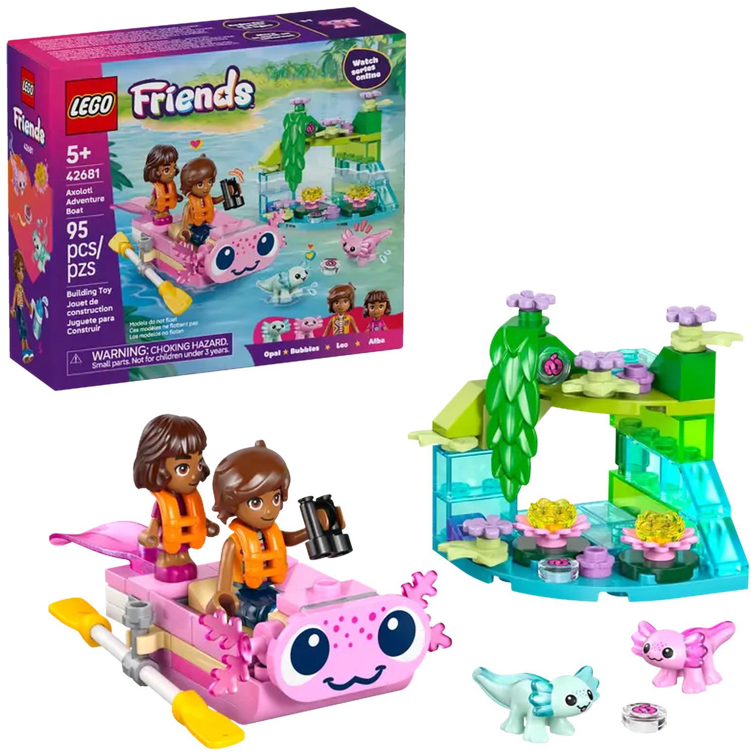 Een Lego Friends set. Het toont een roze boot met twee figuren, axolotl figuren en een gebouw met een groene structuur.