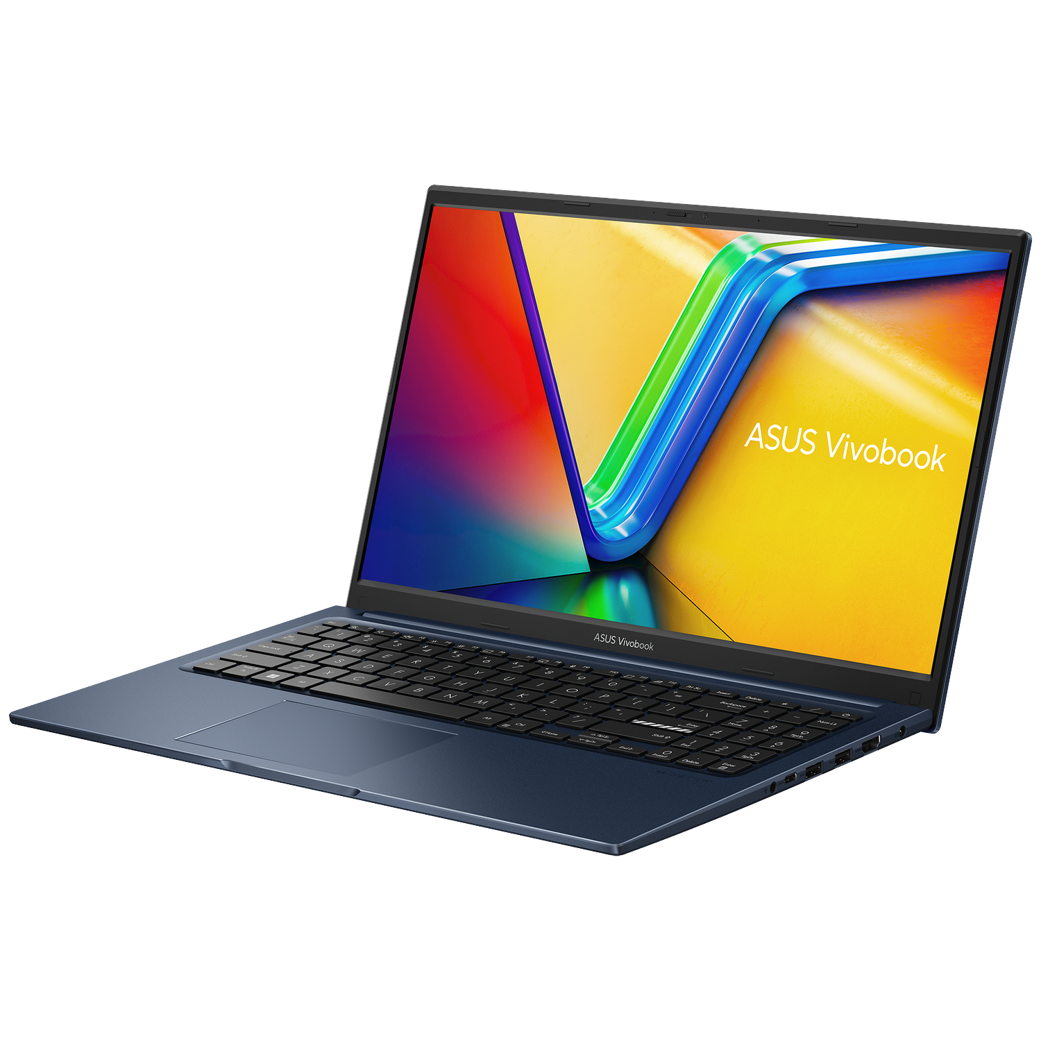 Blauwe Asus Vivobook laptop op een witte achtergrond. Het scherm toont een kleurrijk ontwerp. Het toetsenbord is zwart.
