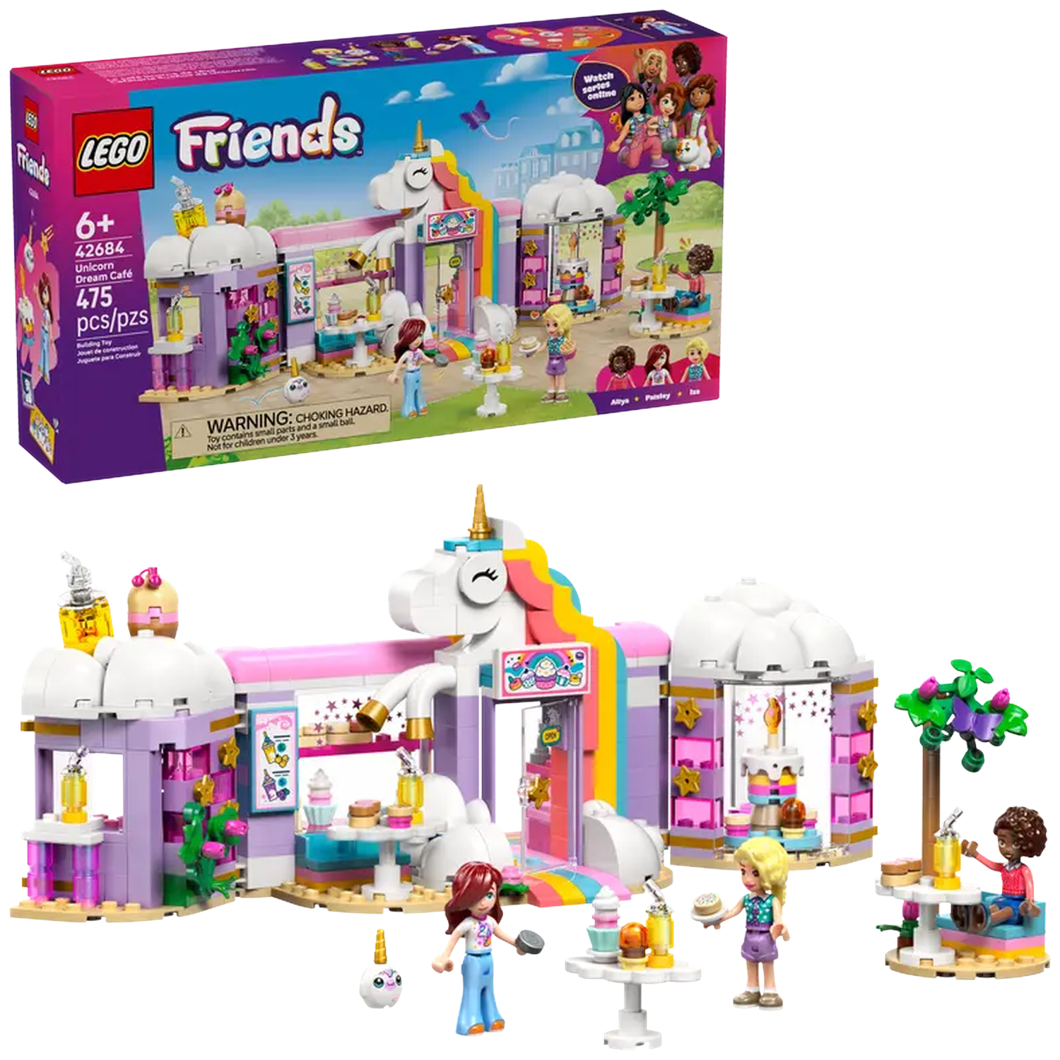 A Lego set of a unicorn dream cafe. Includes figures, tables, and food items. The box shows the set and figures.