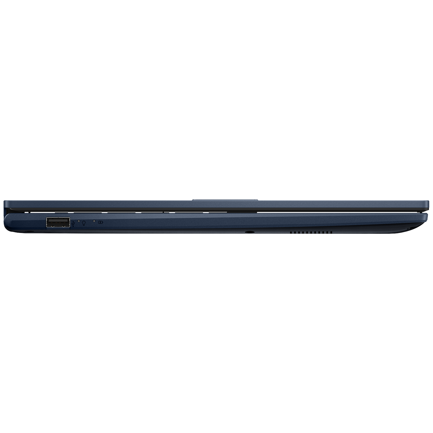 Zijaanzicht van een gesloten donkerblauwe laptop. Zichtbare poorten zijn USB, opladen en audio. De achtergrond is wit.