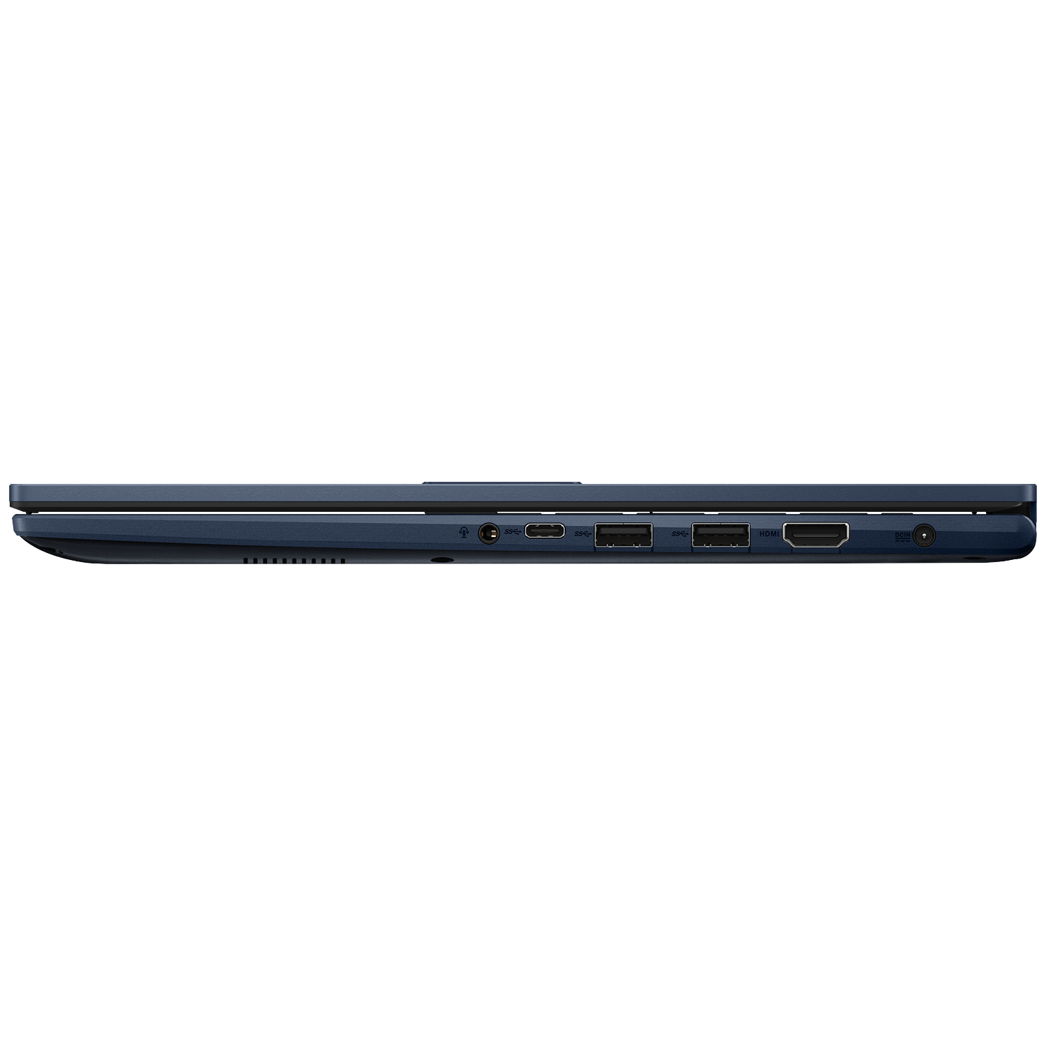 Zijaanzicht van een blauwe laptop. Zichtbare poorten zijn USB-C, USB, HDMI en stroomingang. De laptop staat tegen een witte achtergrond.