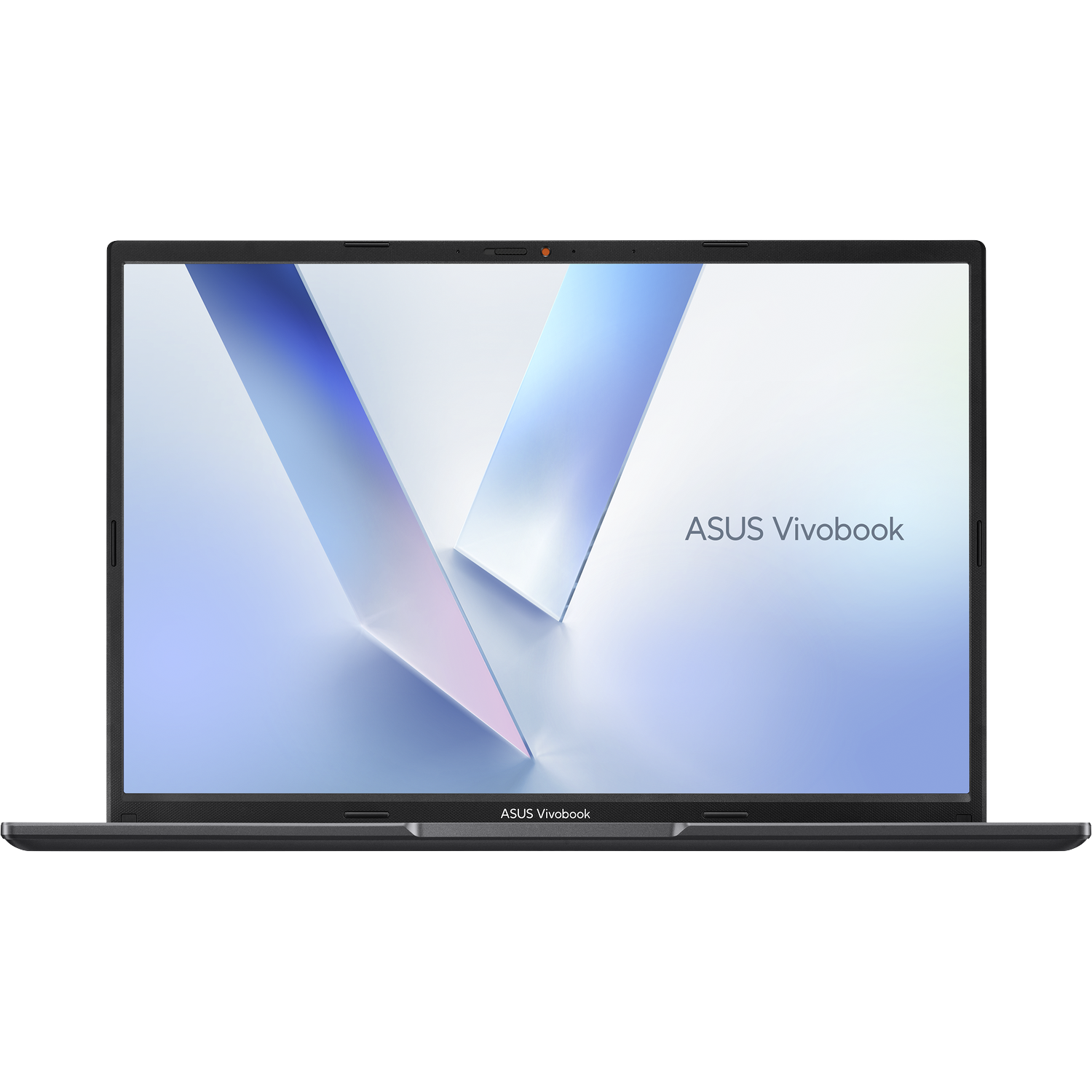 Een open ASUS Vivobook laptop. Het scherm toont een wit en blauw abstract ontwerp. De laptop is zwart, met de merknaam op het scherm.