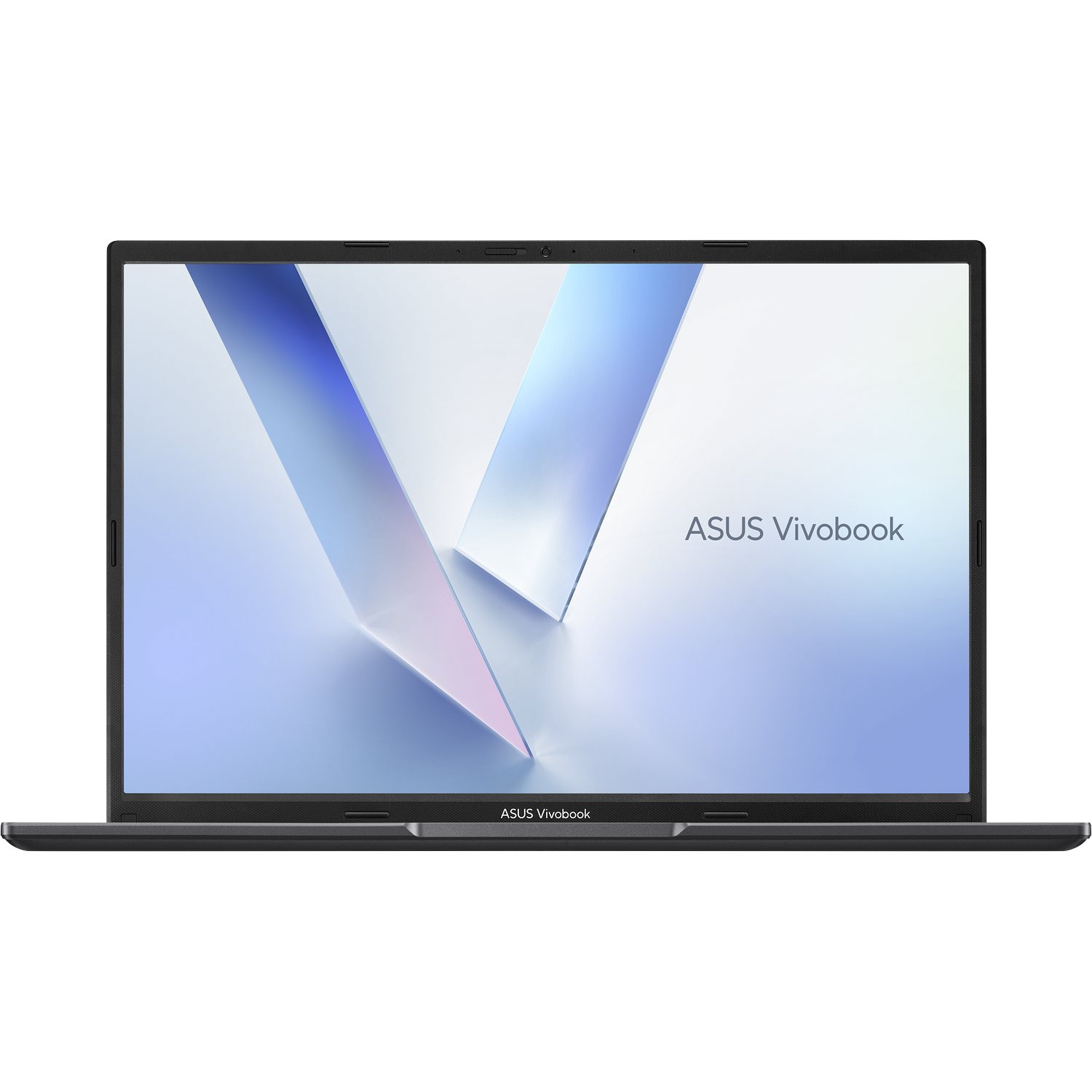 Een zwarte ASUS Vivobook laptop is open. Het scherm toont een lichtblauw en wit abstract ontwerp met het Vivobook logo.