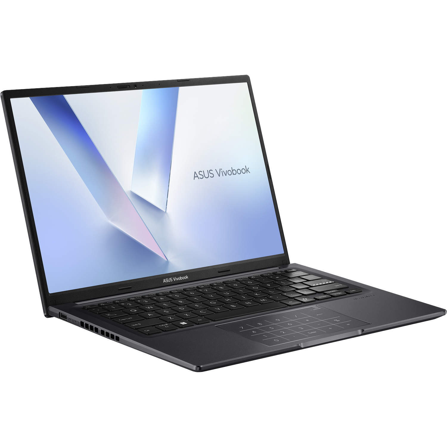 Een zwarte ASUS Vivobook laptop wordt onder een hoek weergegeven, open. Het scherm toont een lichtblauw en wit abstract ontwerp.