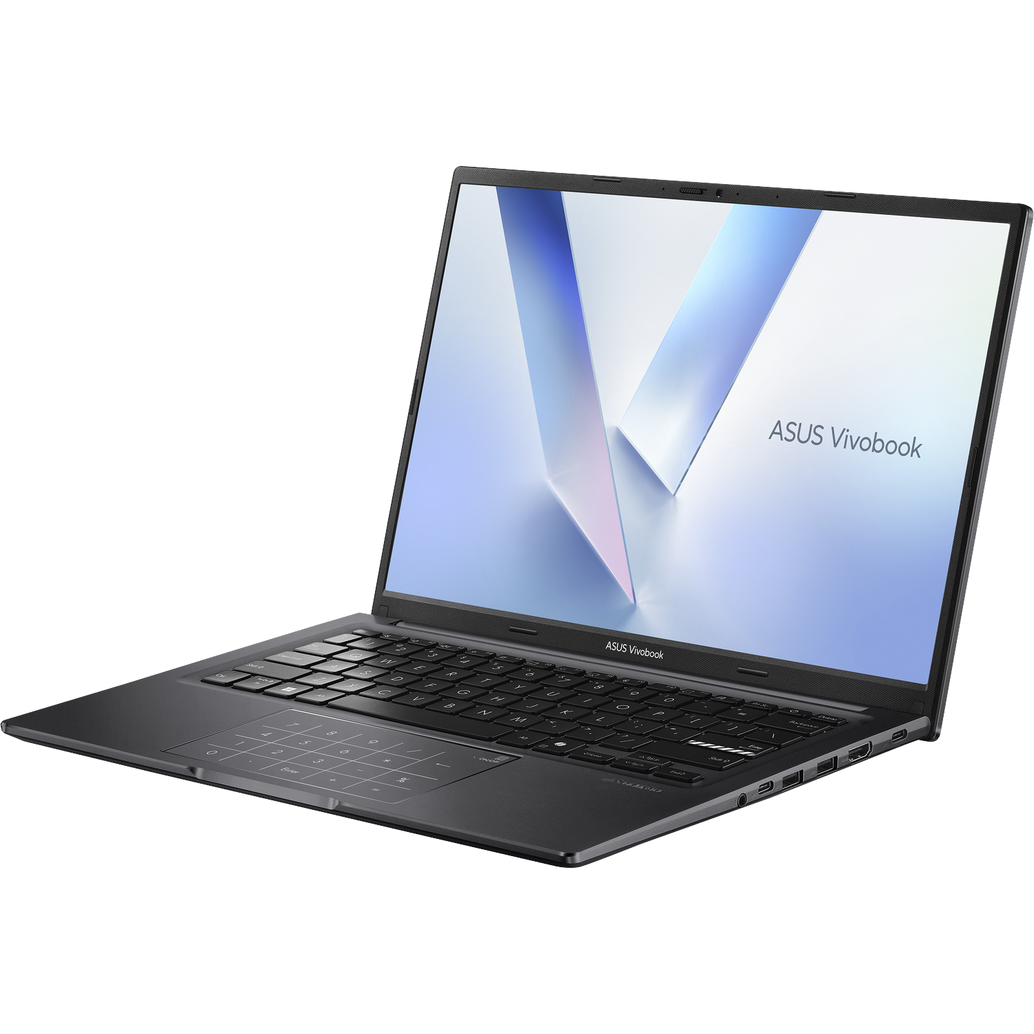 Een zwarte ASUS Vivobook-laptop staat open op een wit oppervlak. Het scherm toont een blauw en wit abstract ontwerp. Toetsenbord zichtbaar.