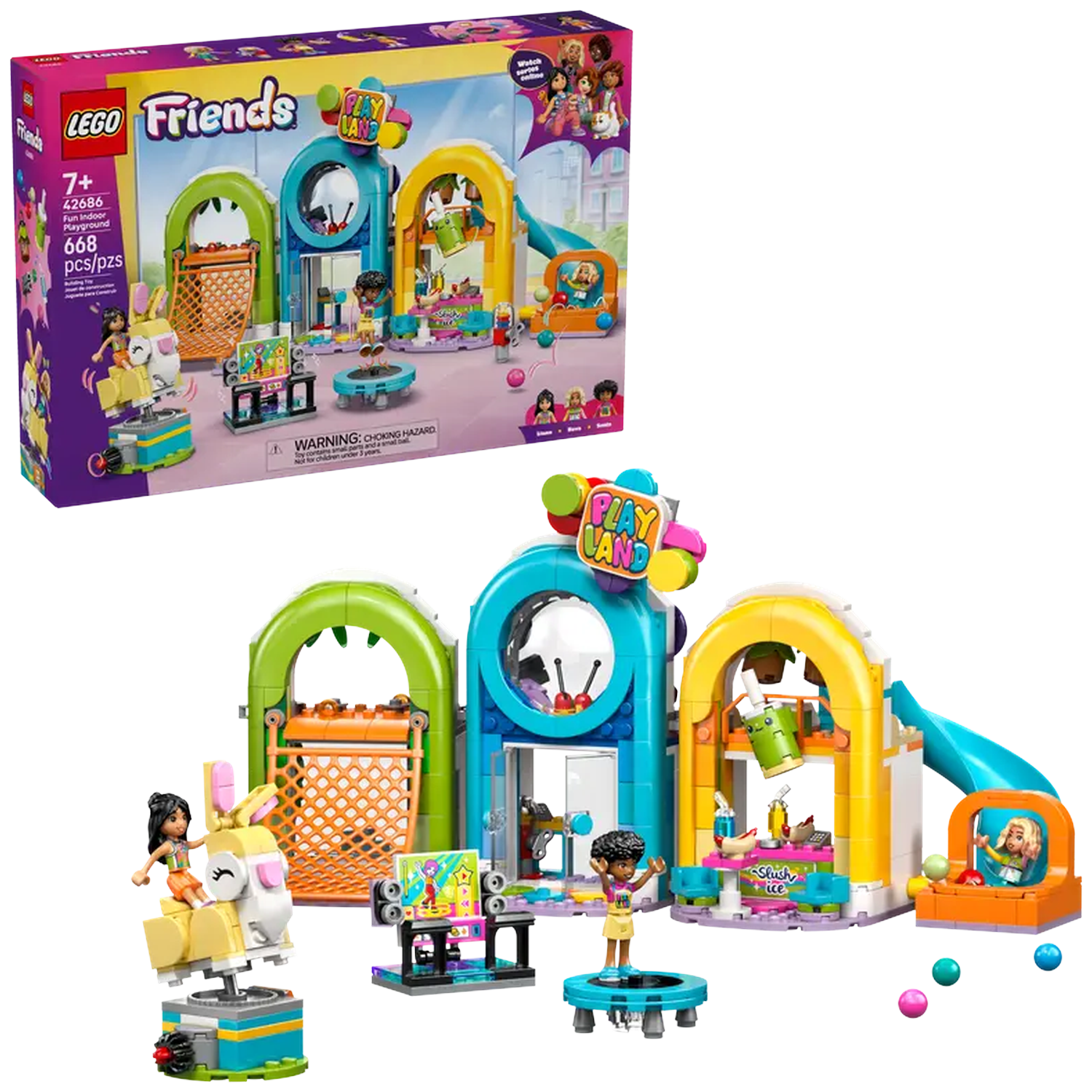 LEGO Friends indoor playground set. Includes play structures, mini-figures, and accessories, with a box in the background.