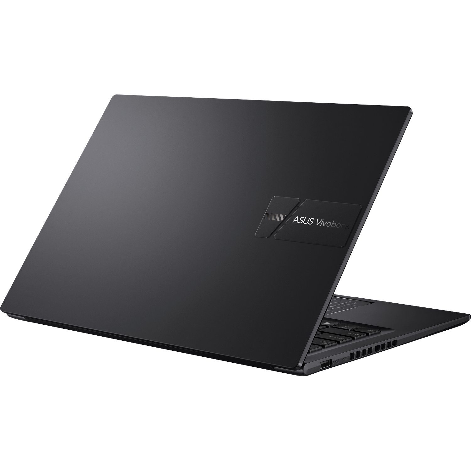 Zwarte ASUS Vivobook laptop op witte achtergrond. De laptop is licht geopend en toont het toetsenbord en de achterkant.