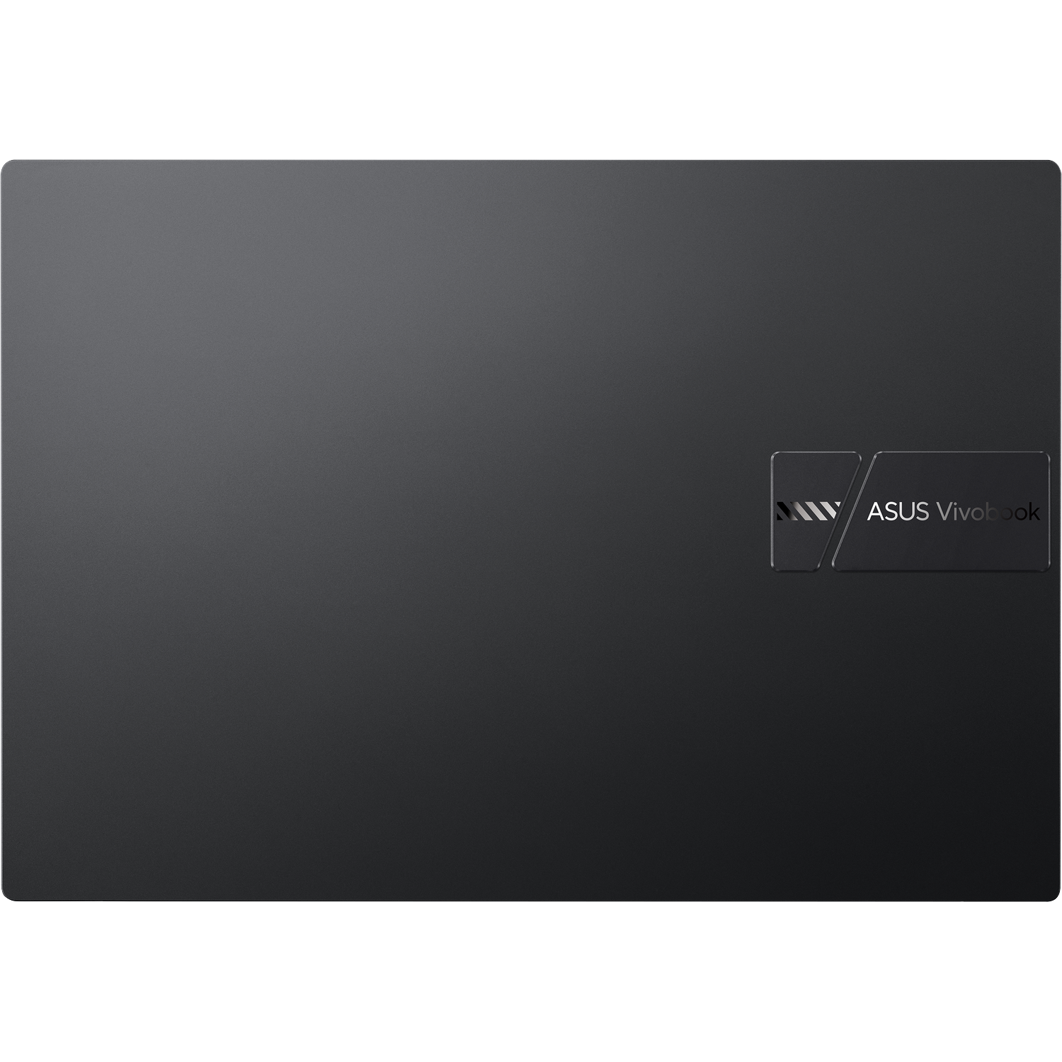 Een zwarte laptop met het ASUS Vivobook-logo in de rechterbenedenhoek, tegen een witte achtergrond.