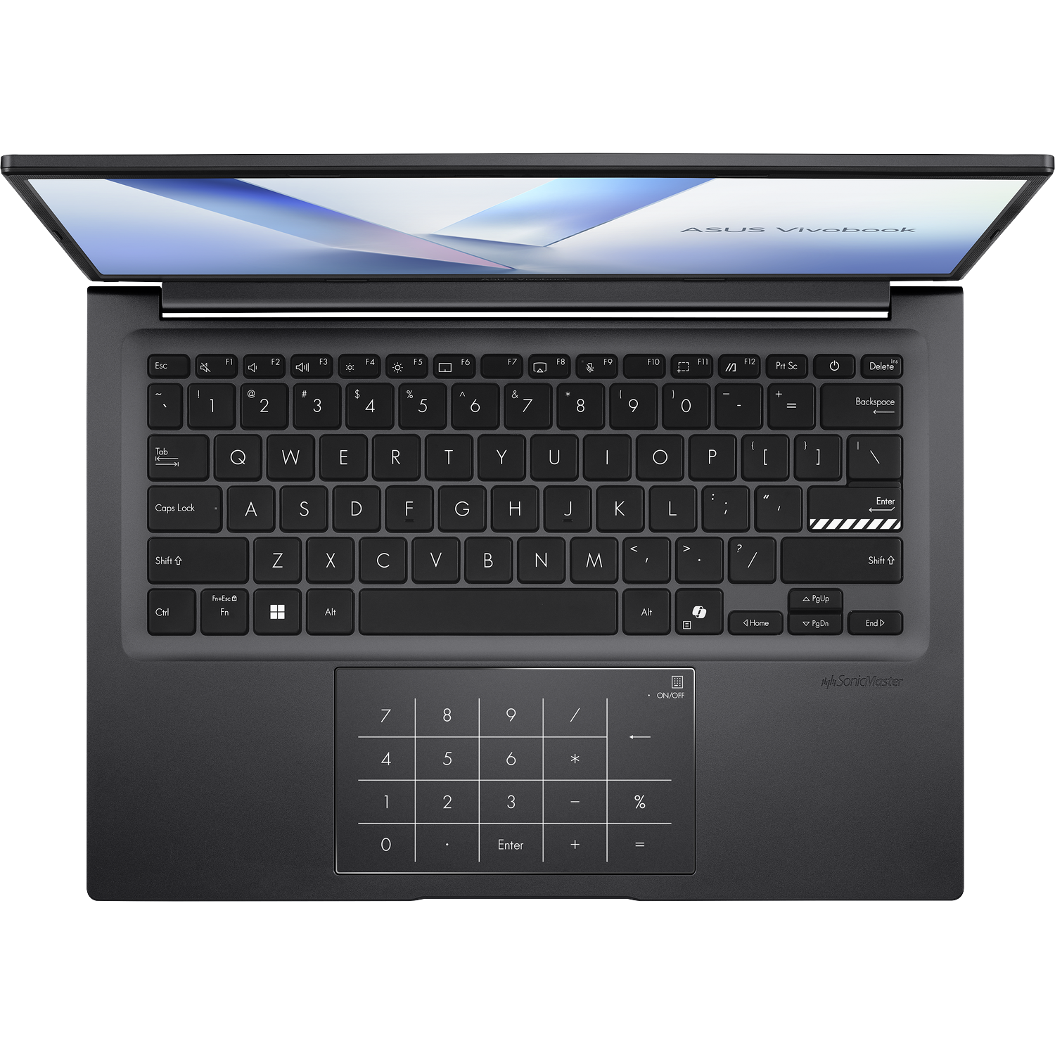 Bovenaanzicht van een zwarte laptop met toetsen, touchpad en scherm met blauw en wit design.