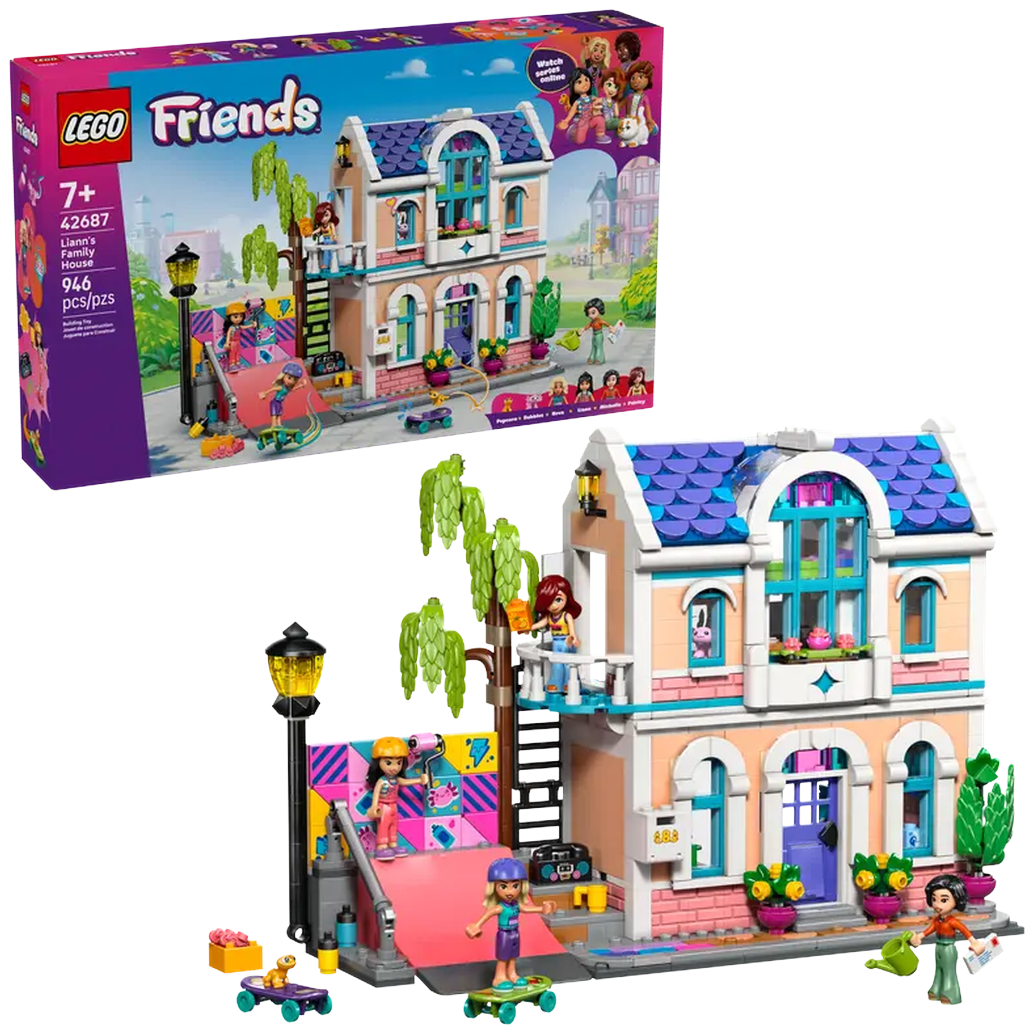 LEGO Friends set. Two-story house with figures, skateboard ramp, and accessories. Box shows house and characters. Bright colors.