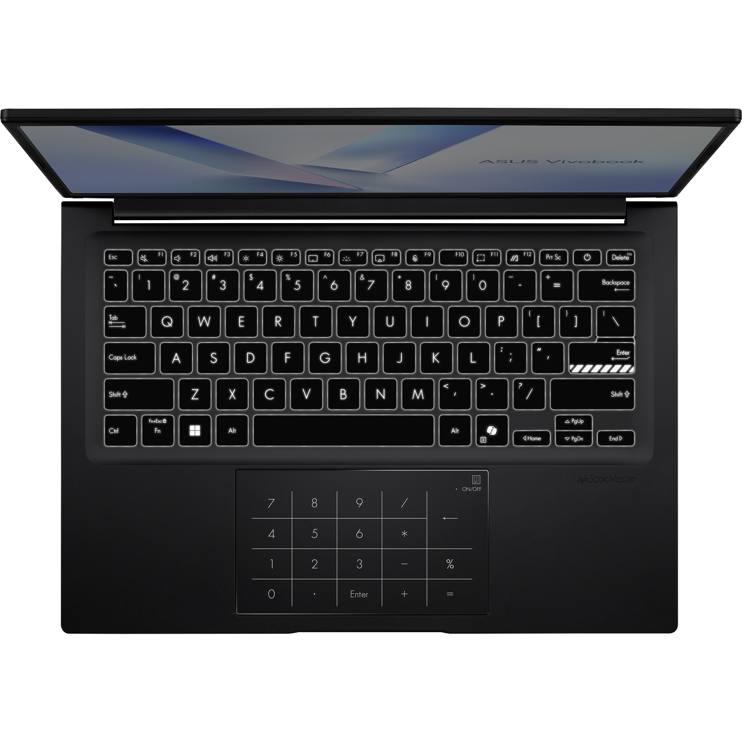 Zwarte laptop, open, met toetsenbord en scherm. Toetsenbord heeft wit verlichte toetsen. Scherm toont tekst ASUS Vivobook.