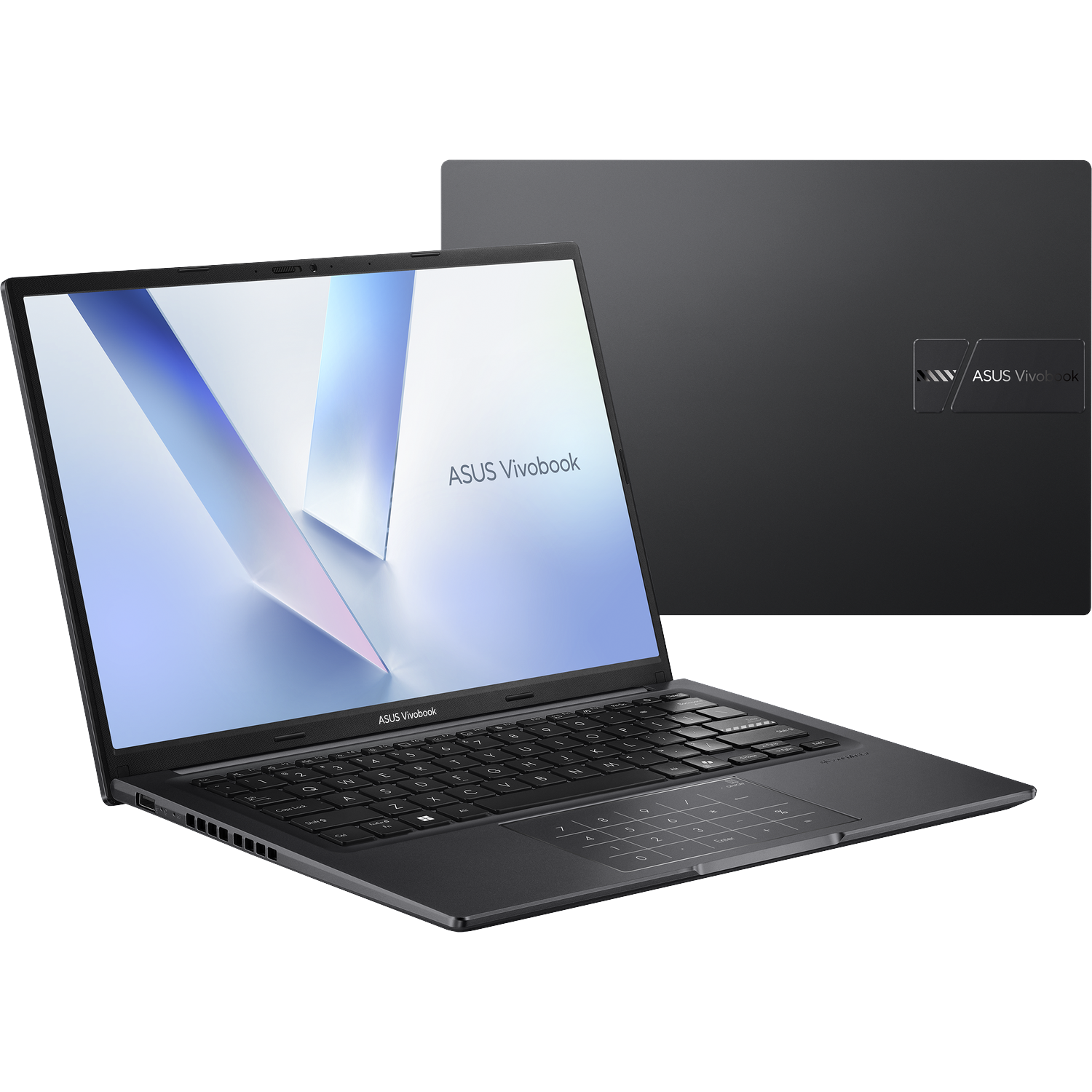 Een zwarte ASUS Vivobook-laptop wordt open en dicht weergegeven. De open laptop toont het toetsenbord en het scherm. De gesloten laptop staat op de achtergrond.