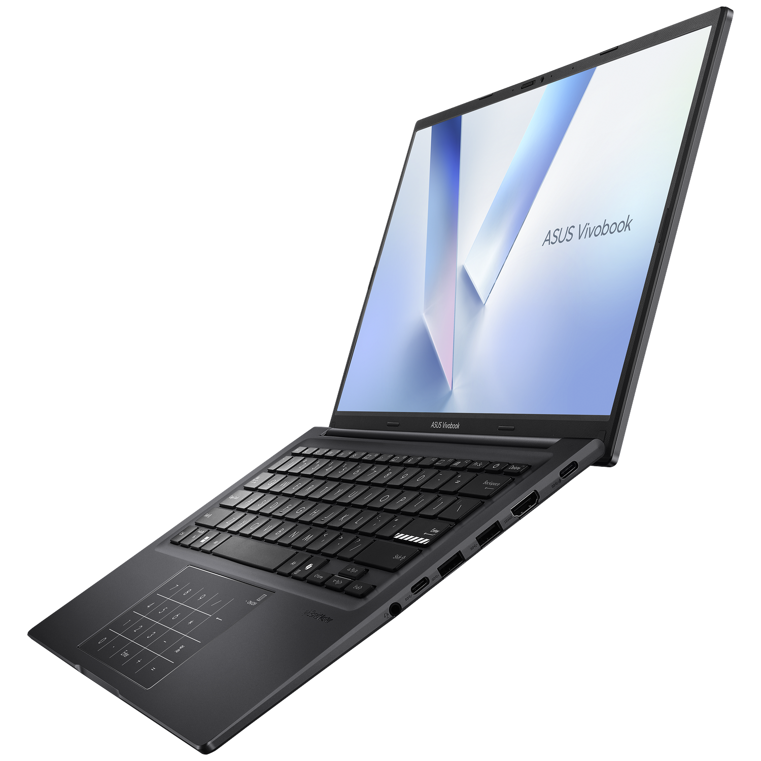 Een zwarte ASUS Vivobook-laptop staat schuin, met het toetsenbord, de touchpad en het scherm met een wit en blauw ontwerp.