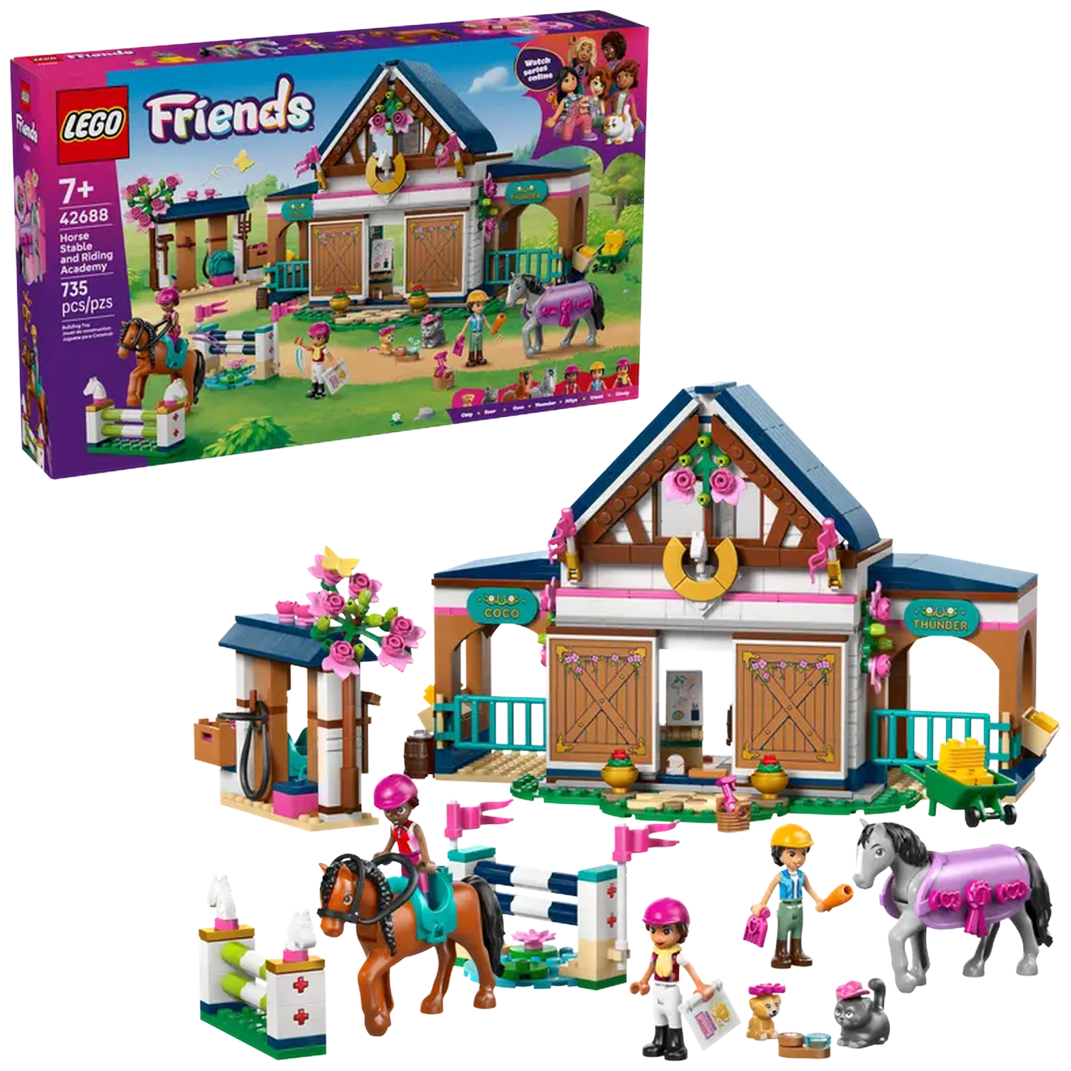 A Lego Friends set with a horse stable. It includes figures, horses, and various accessories like jumps and a cart.