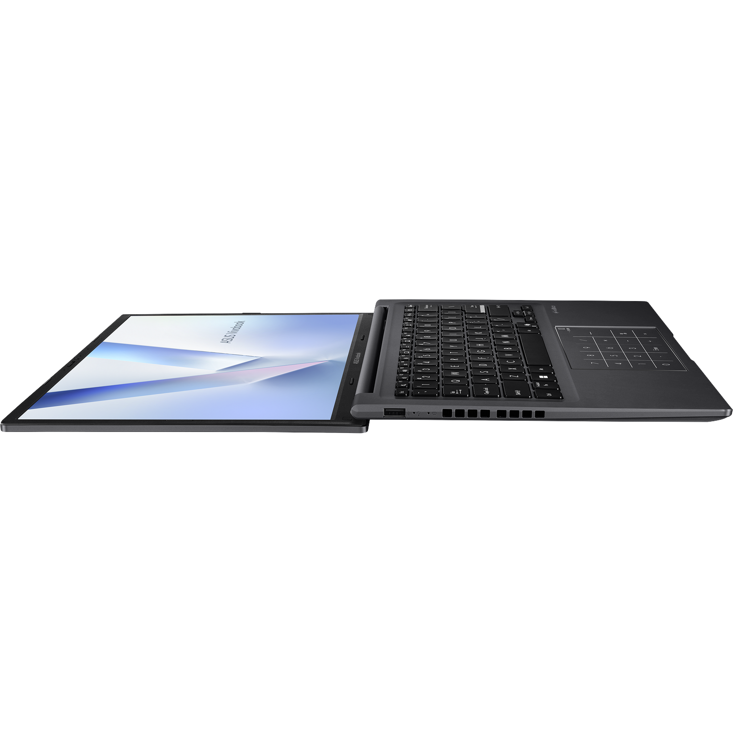Een donkergrijze laptop is open, met een scherm met een lichtblauw en wit ontwerp. Het toetsenbord is zwart.