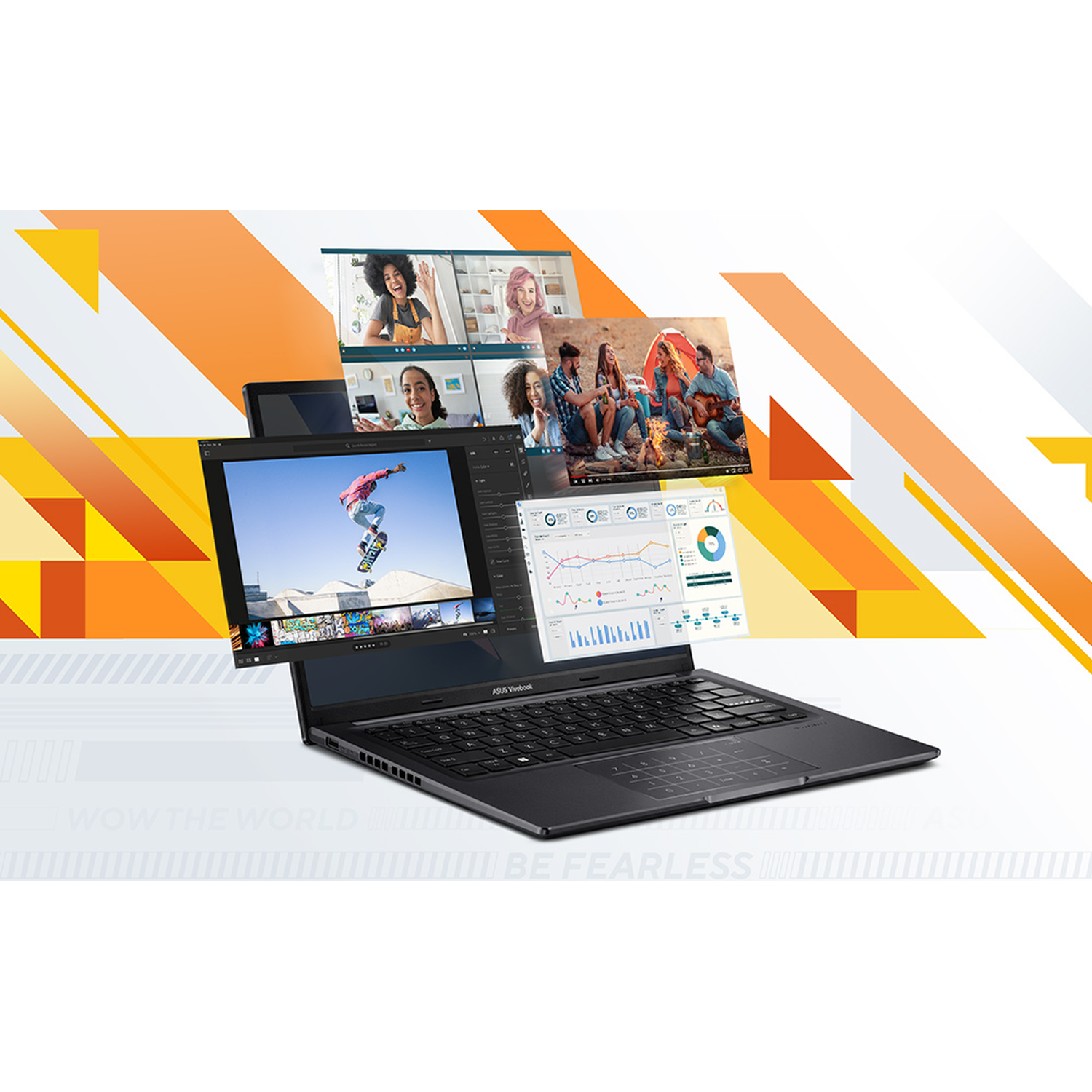 Een zwarte laptop toont videogesprekken, videobewerkingssoftware en grafieken. Andere schermen tonen vrienden en kampeerscènes. Oranje achtergrond.
