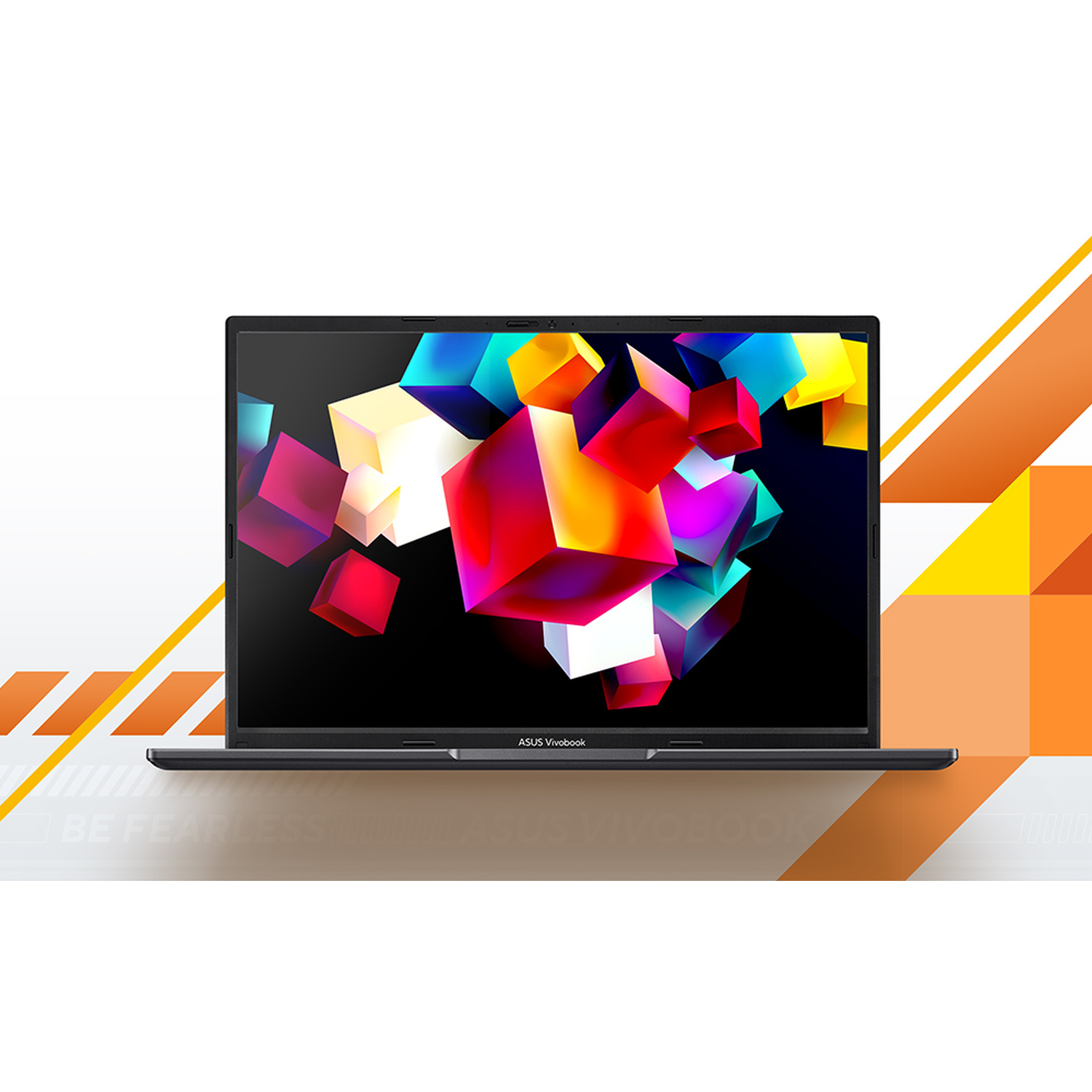 Laptop toont kleurrijke, geometrische vormen. Zwart frame op witte achtergrond, met oranje en gele accenten. ASUS Vivobook logo.