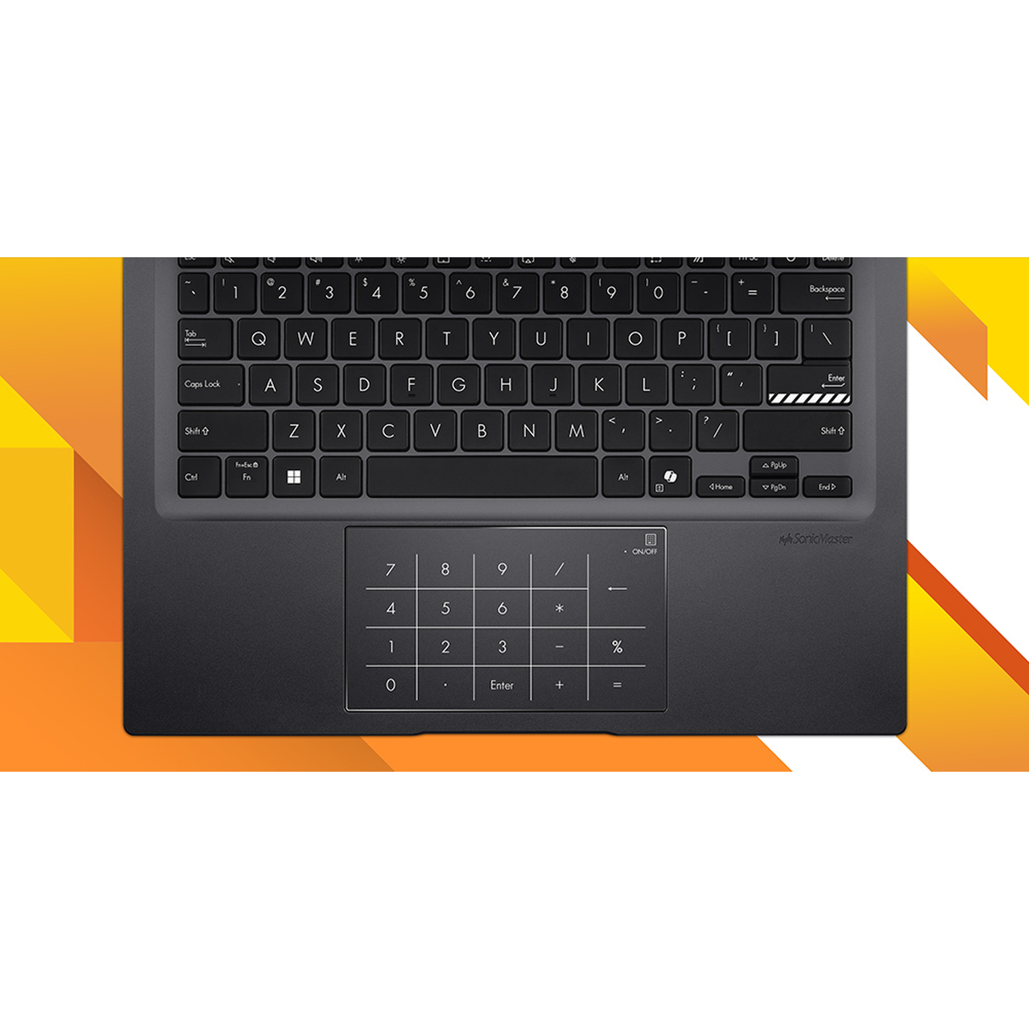 Laptoptoetsenbord met numeriek toetsenbord. Toetsen zijn zwart met witte letters. Oranje en gele achtergrond.