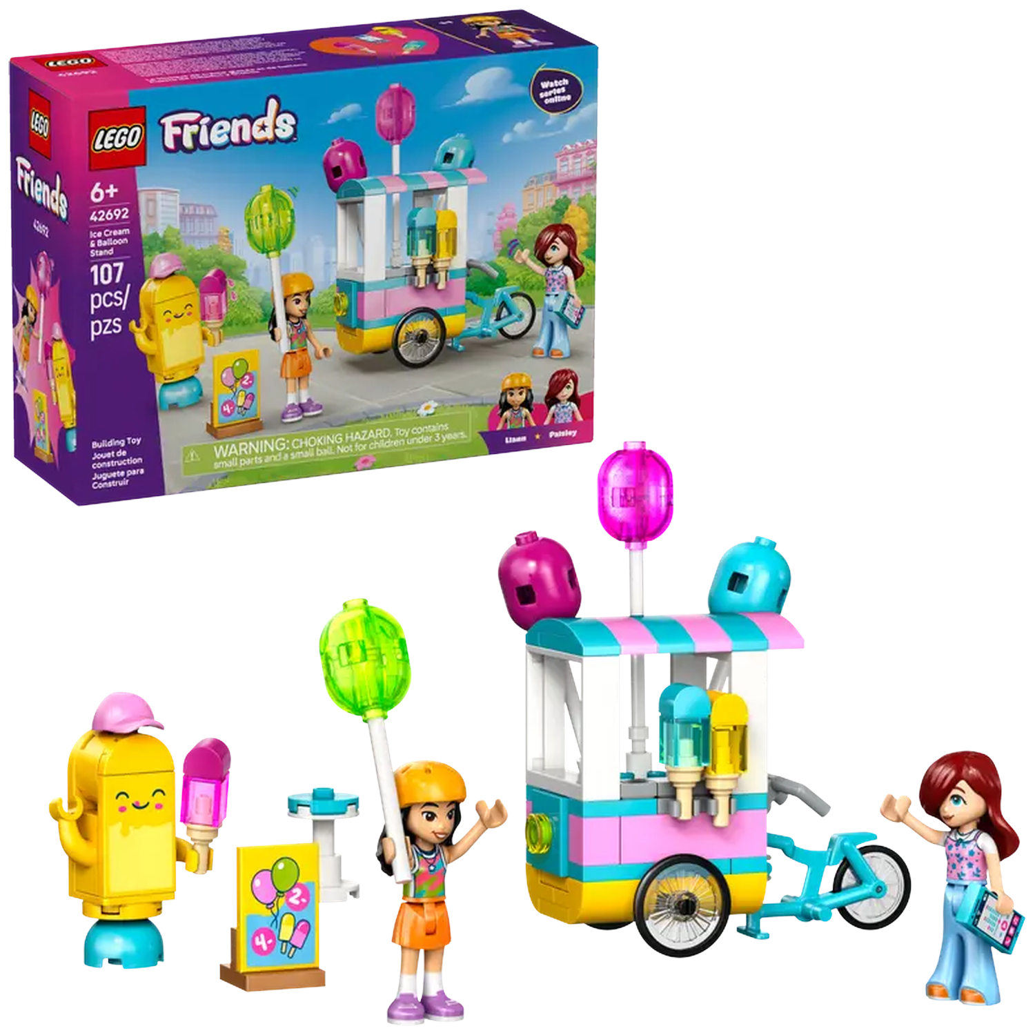 Lego Friends set met ijs- en ballonnenstand, Lego figuren en een fiets. De doos toont de set, met de stand en figuren.