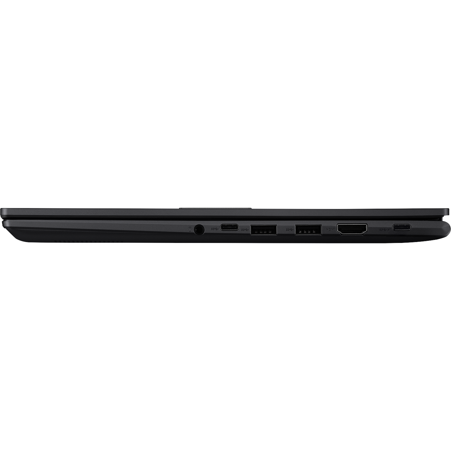 Zijaanzicht van een zwarte laptop. Zichtbare poorten zijn audio-aansluiting, USB, HDMI en USB-C. De laptop staat op een witte achtergrond.