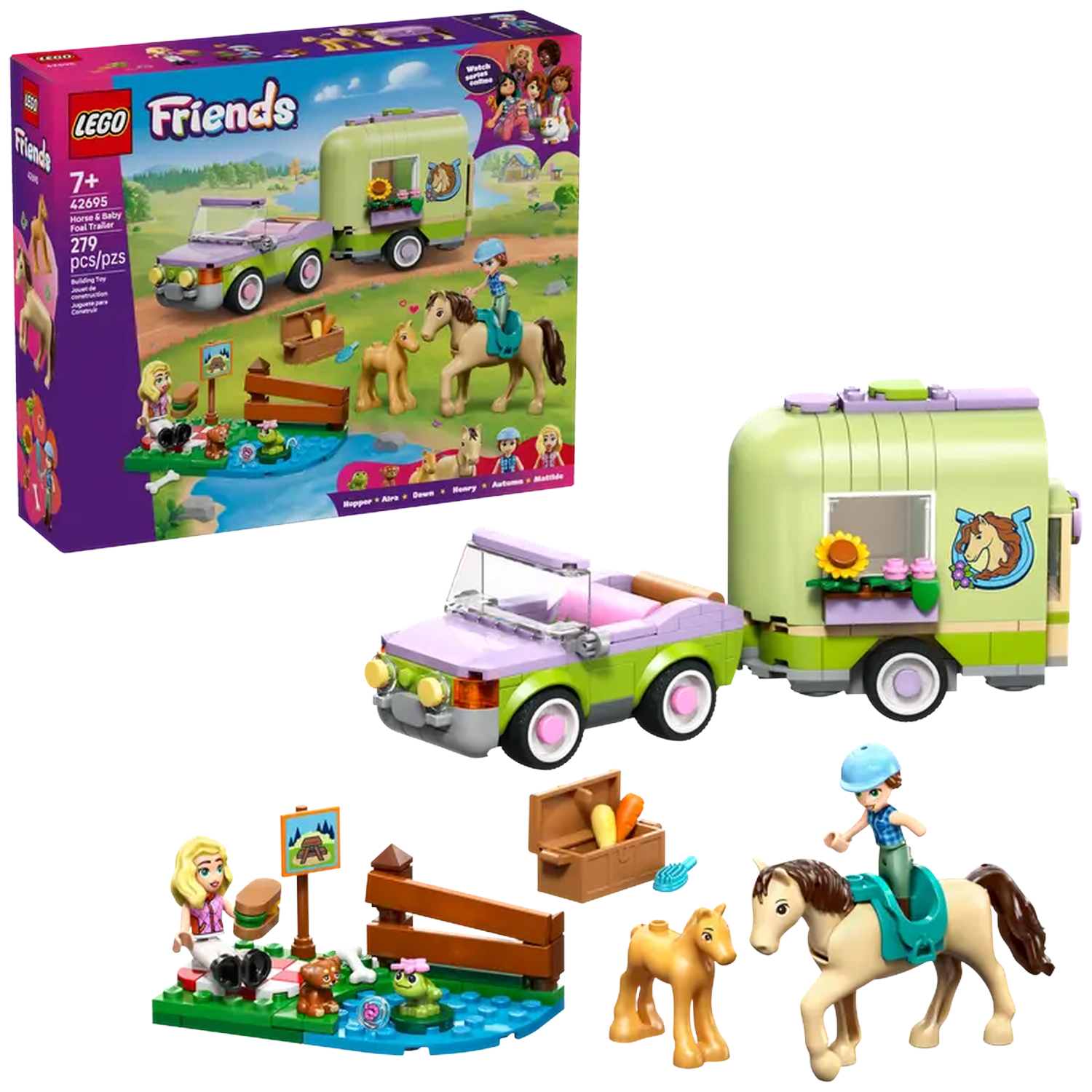 LEGO Friends set with a horse trailer, car, figures, and accessories. Includes horses, a picnic scene, and small animals.