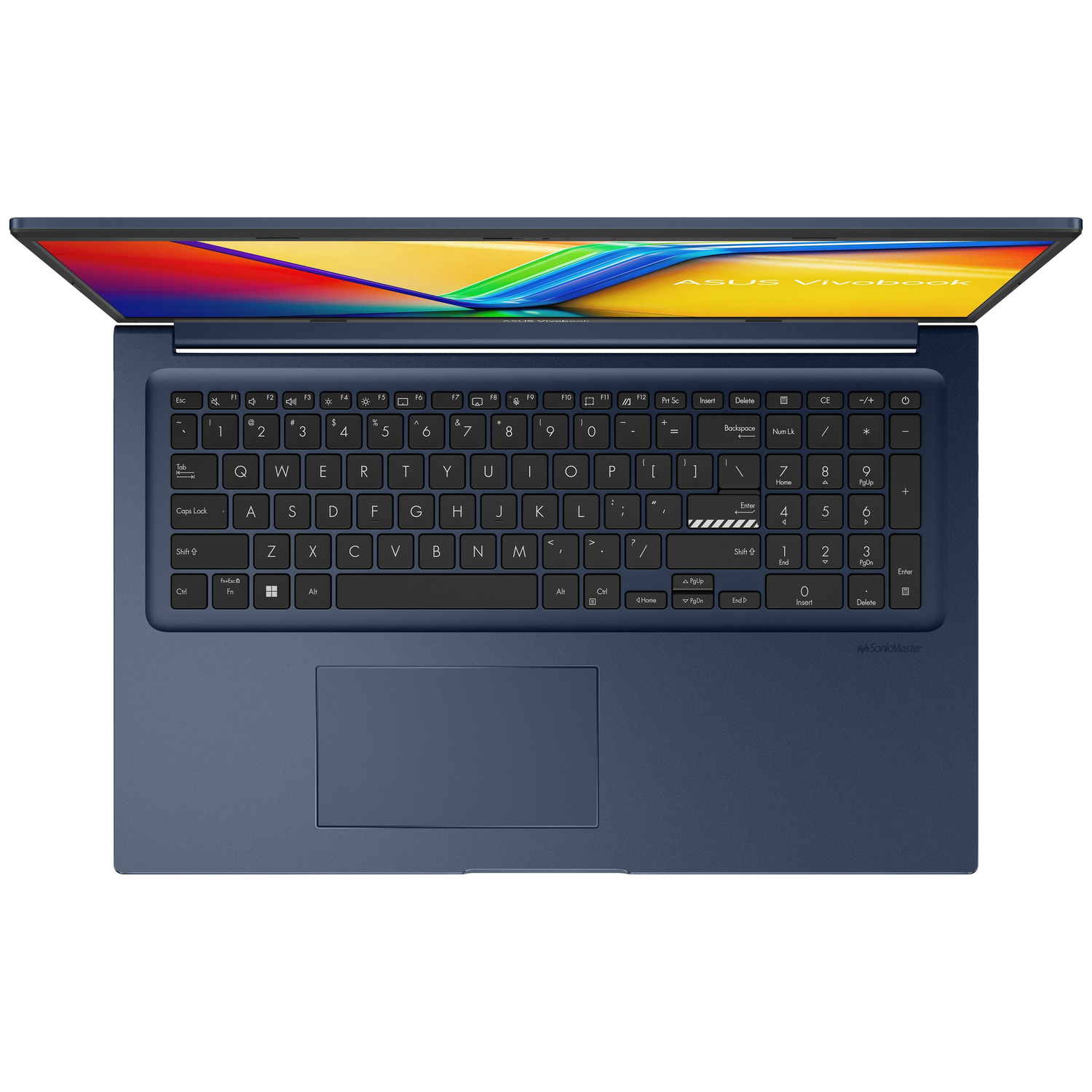 Blue laptop on white surface. Keyboard and screen are visible. ASUS Vivobook logo on screen.