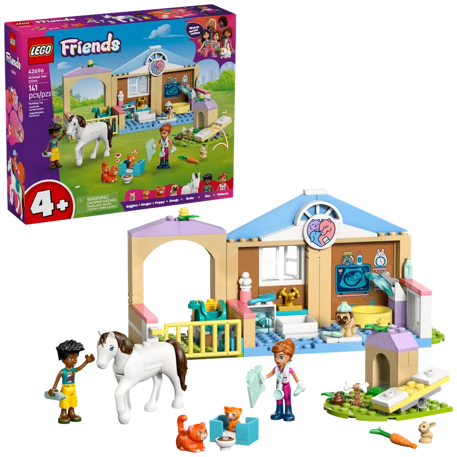 Een Lego-set van een dierenkliniek. Het bevat minifiguren, een wit paard, een kat, een hond en diverse medische instrumenten.