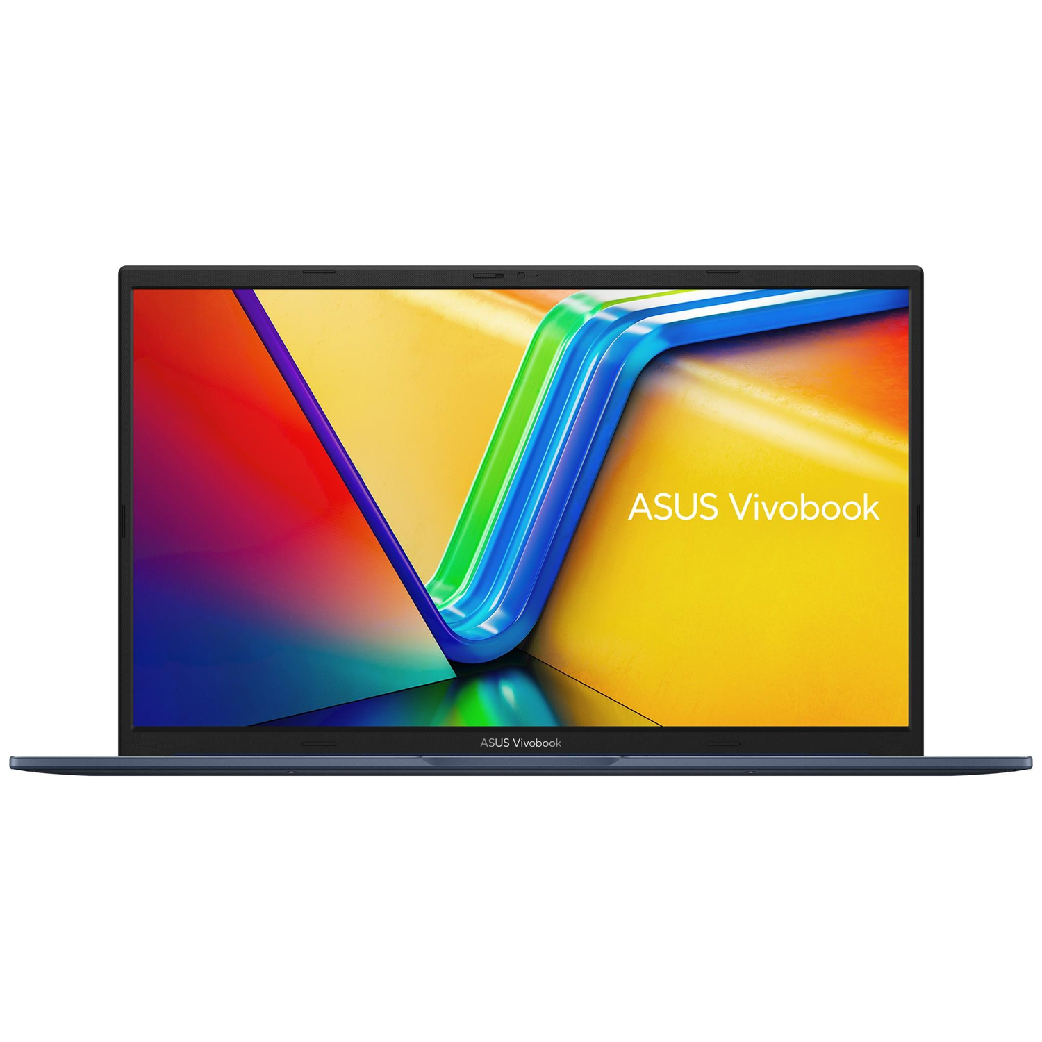 Blue laptop with colorful display, ASUS Vivobook logo. Screen shows abstract waves of blue, green, yellow, and red colors.