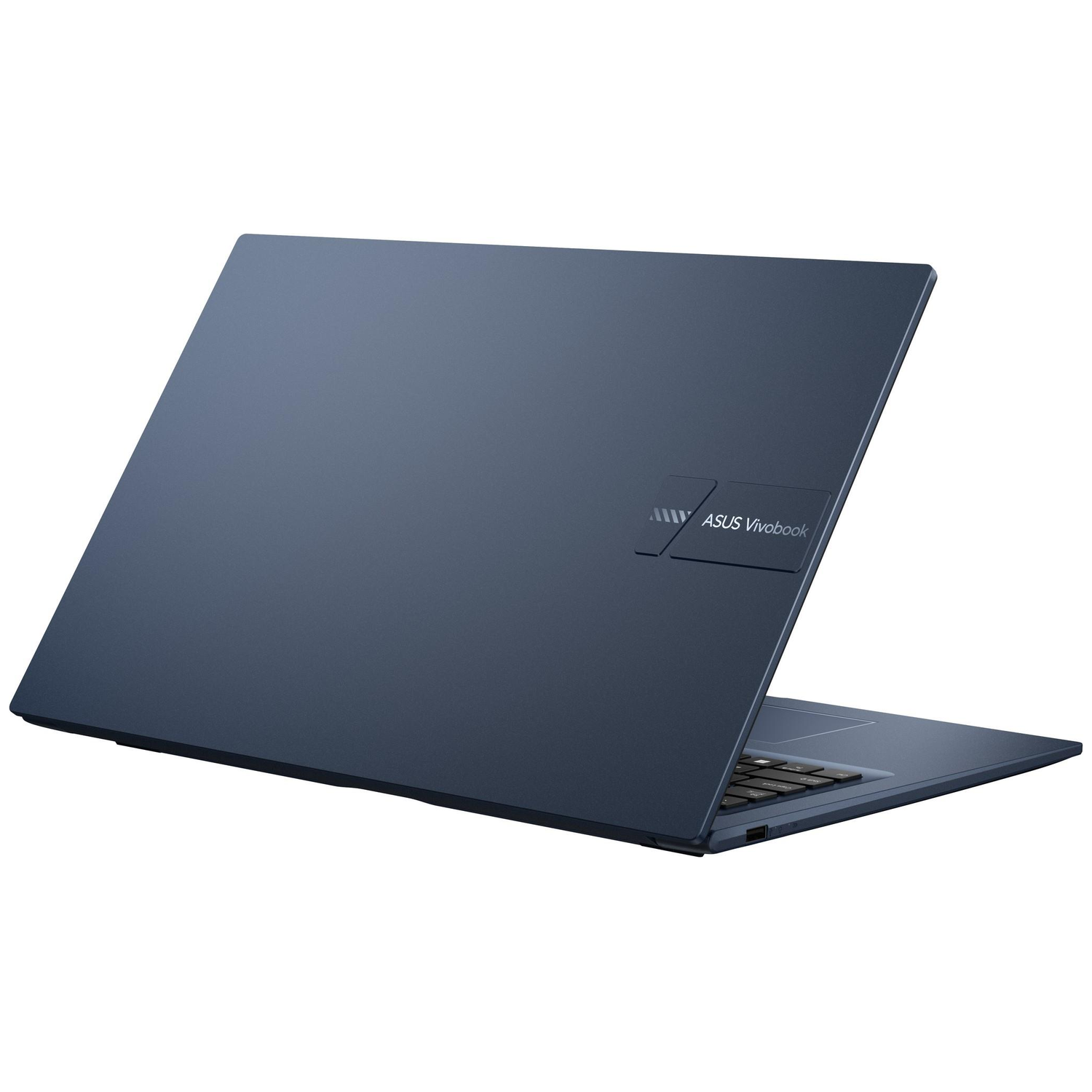 A blue ASUS Vivobook laptop is open on a white background. The laptop is angled, showing the keyboard and the logo.