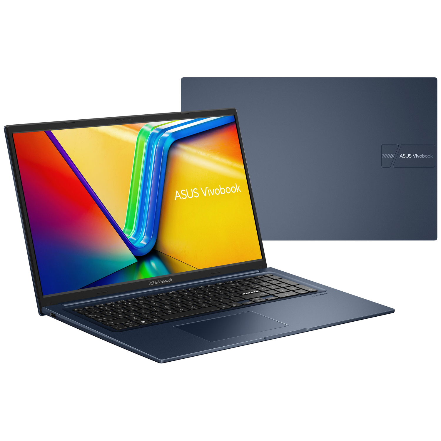 Blue ASUS Vivobook laptop on white. Screen shows colorful graphics. Another laptop back in the background.