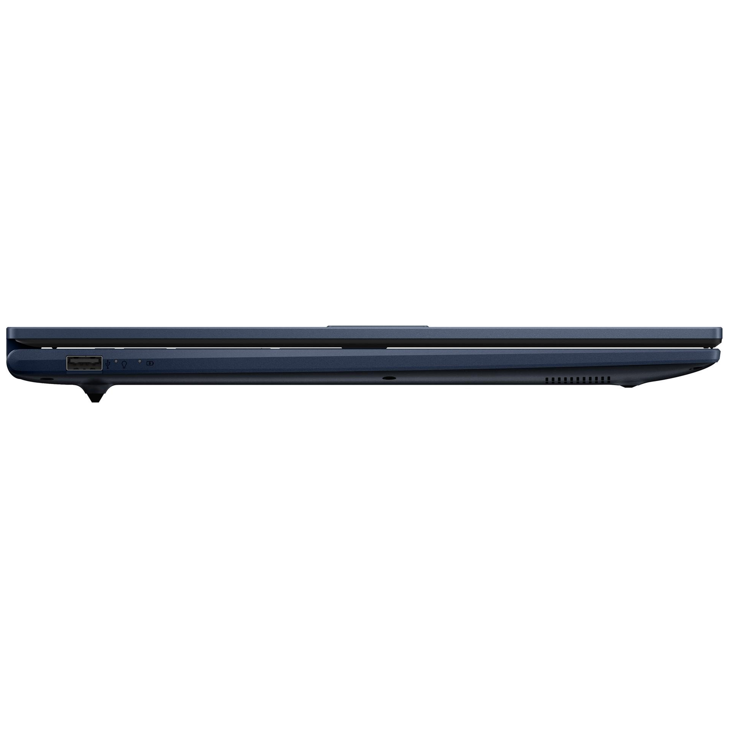 Side view of a blue laptop. Visible are ports, vents, and a power button. The laptop is against a white background.