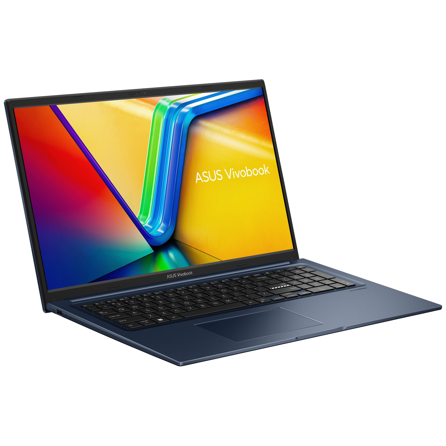 A blue ASUS Vivobook laptop is open. The screen shows a colorful graphic. Keyboard is visible, and the background is white.