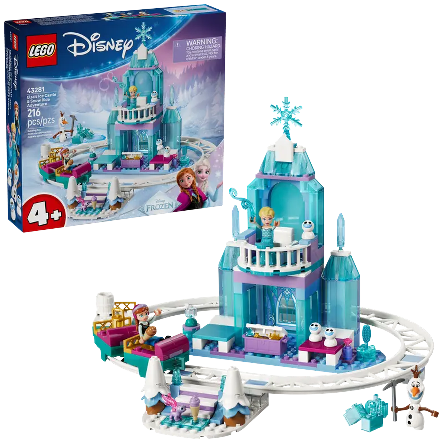 A Lego Disney set, featuring Elsa's ice castle and a snow ride. Includes Elsa, Anna, and Olaf figures. The box is on the left.
