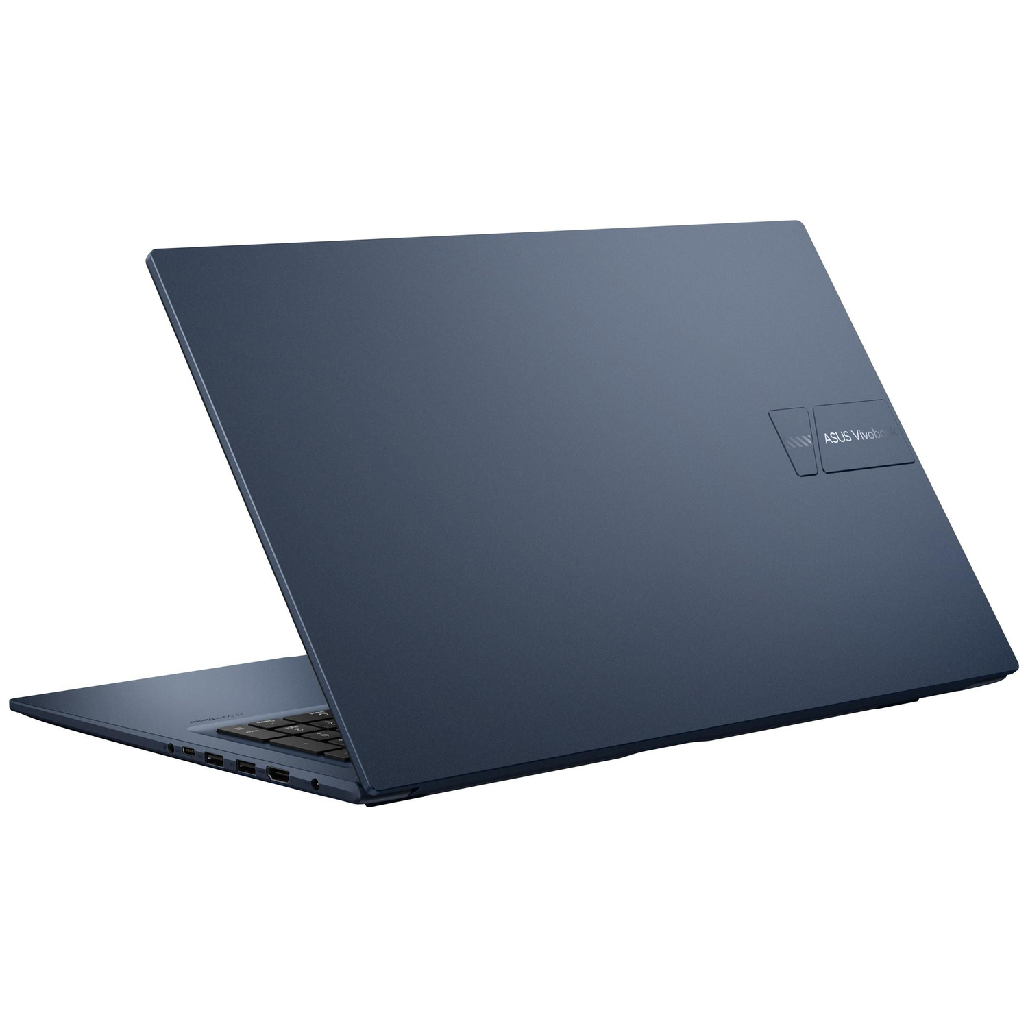 A dark blue ASUS Vivobook laptop is angled open. The screen is up, and keyboard is visible. The logo is on the lid.