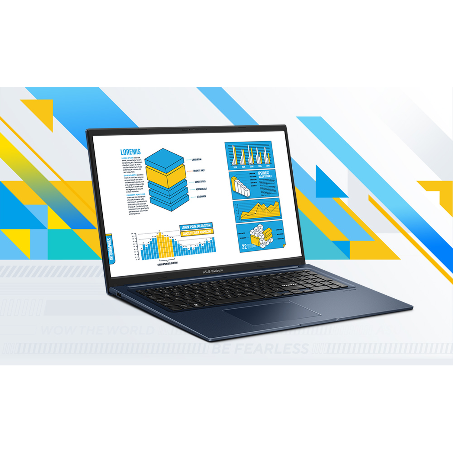 A dark blue laptop displays infographics with charts and diagrams. The background features geometric shapes in blue and yellow.