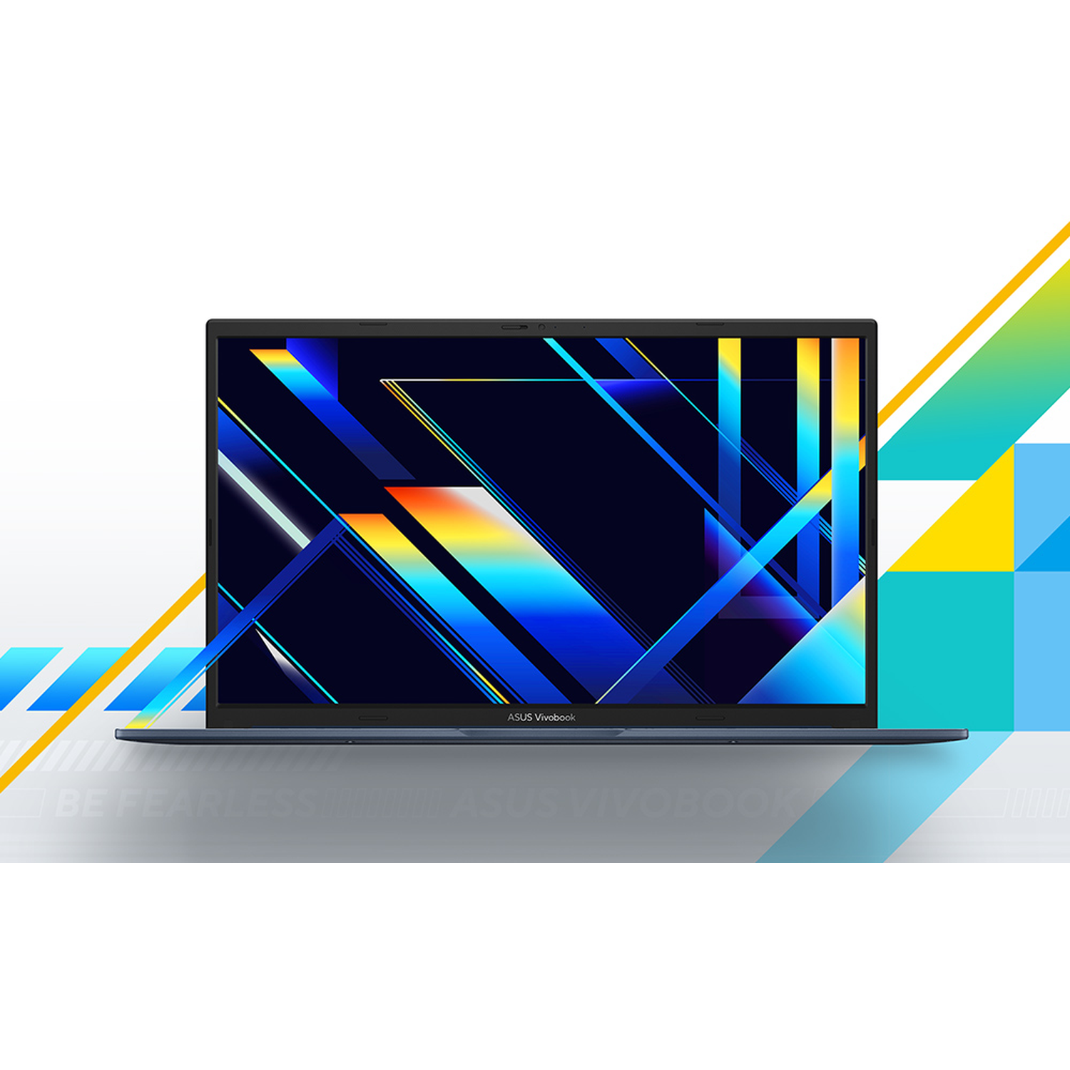 An ASUS Vivobook laptop is open. The screen displays colorful geometric shapes. The background is white and has some colorful shapes.