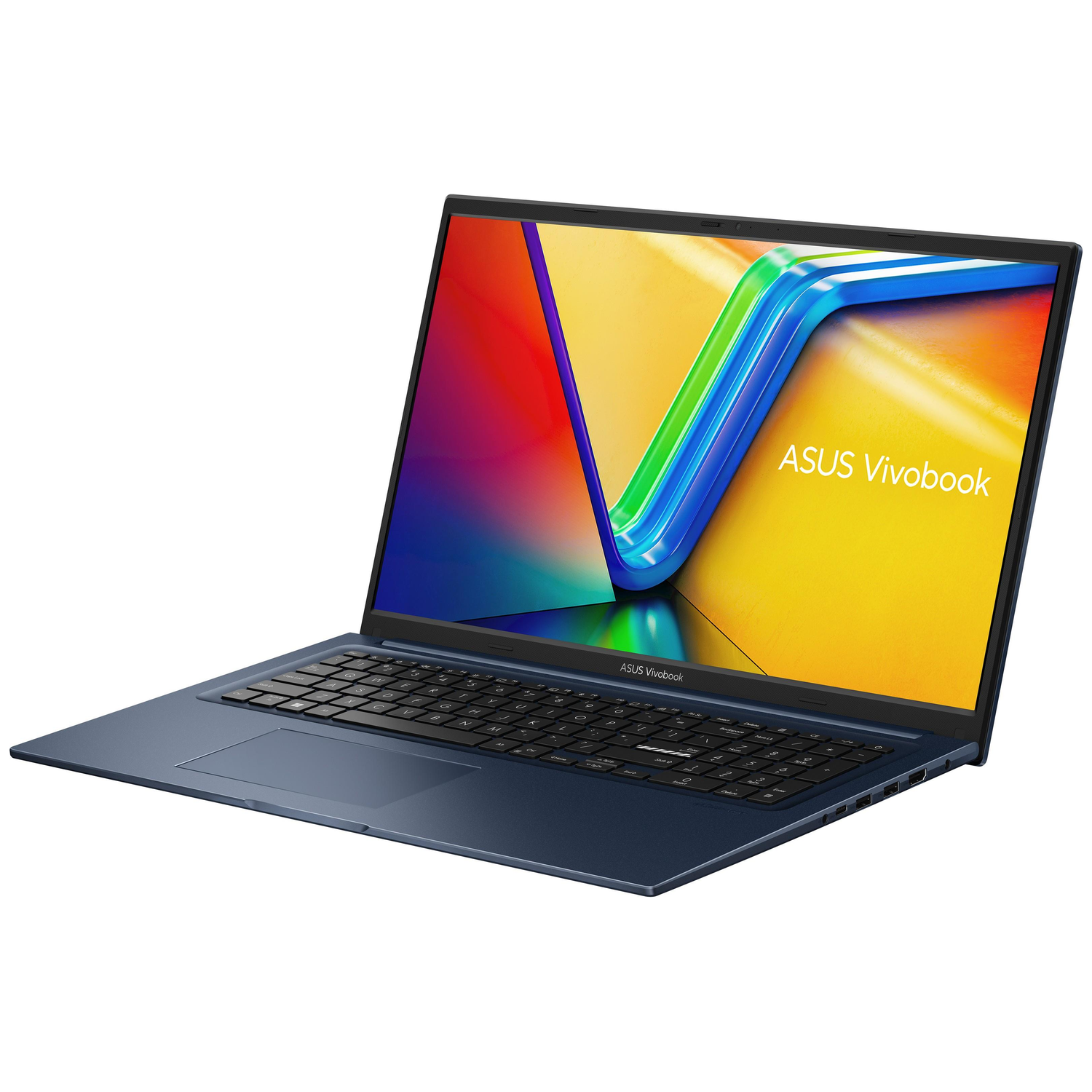 Blue ASUS Vivobook laptop on a white background, open to display a colorful abstract image with the brand name.