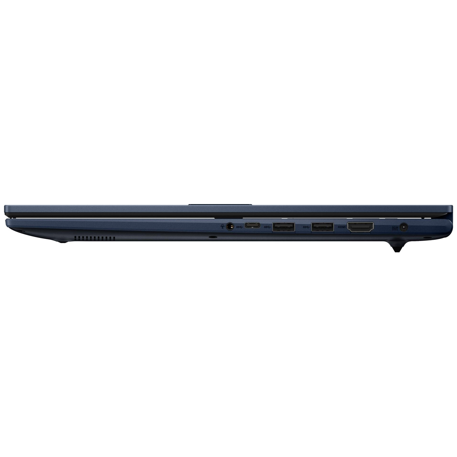 Side view of a blue laptop, showing ports like USB, HDMI, and power input, set against a white background.
