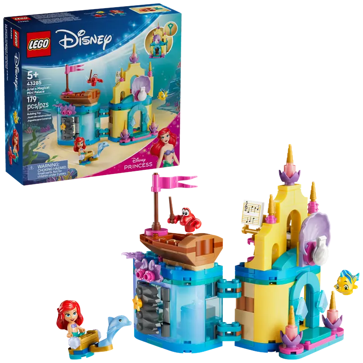 Lego Disney set. Ariel's Magical Mini Palace. It includes Ariel, Flounder, Sebastian, a boat, and a palace with musical notes.